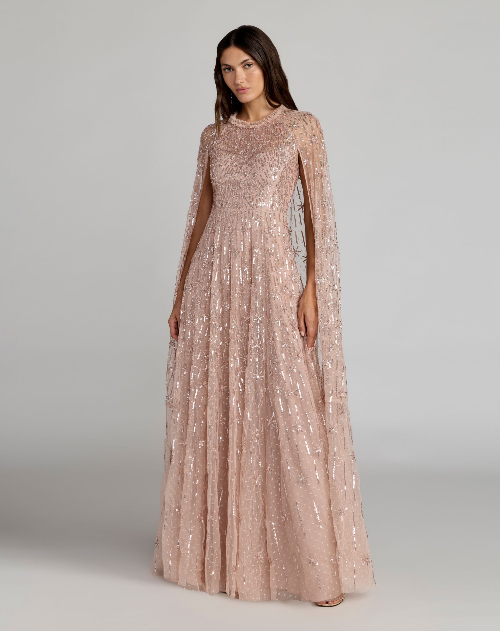 Pink Embellished High Neck Gown With Cape Sleeves - Mac Duggal