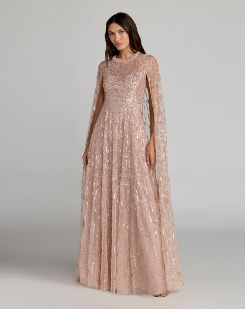 Pink Embellished High Neck Gown With Cape Sleeves - Mac Duggal