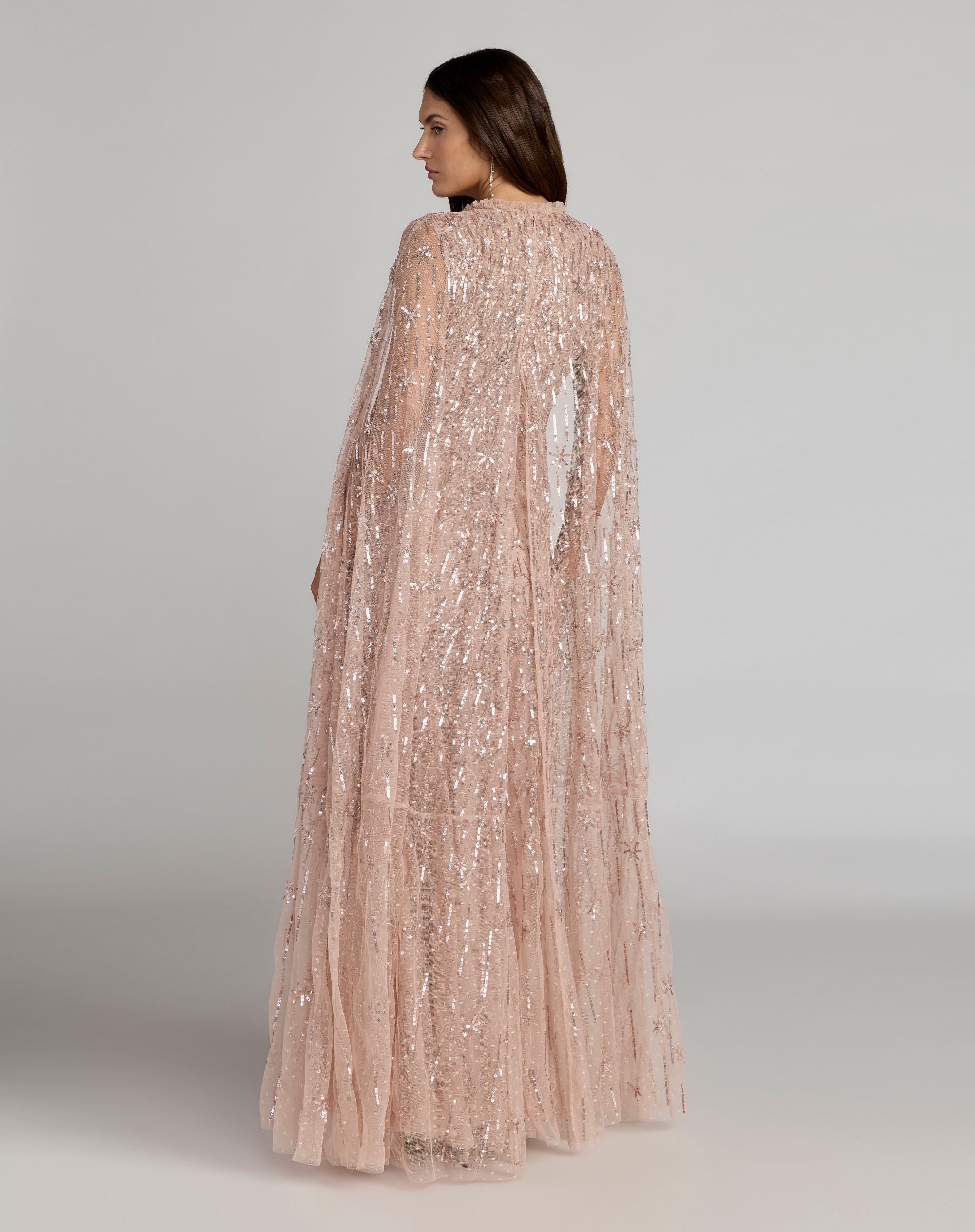 Pink Embellished High Neck Gown With Cape Sleeves - Mac Duggal