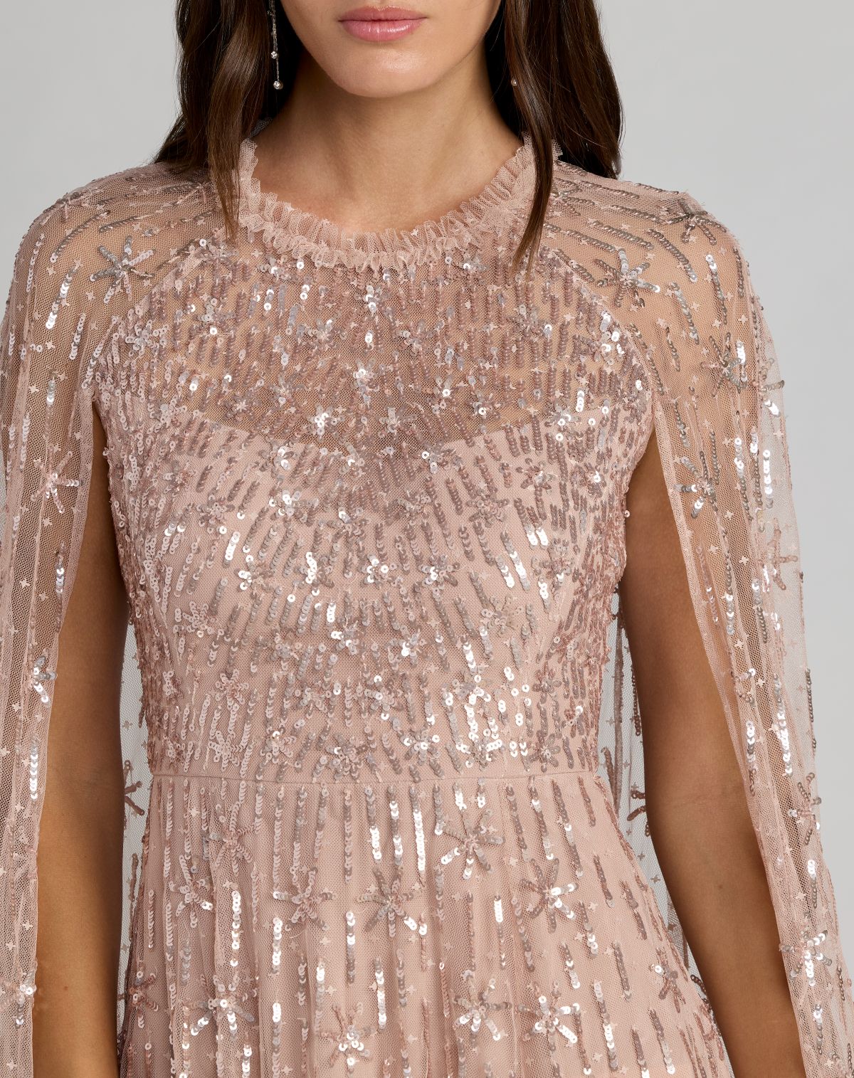 Pink Embellished High Neck Gown With Cape Sleeves - Mac Duggal