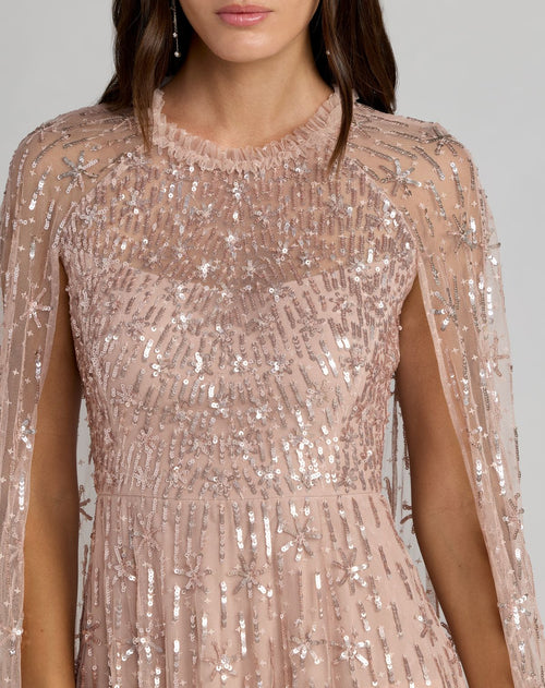 Pink Embellished High Neck Gown With Cape Sleeves - Mac Duggal
