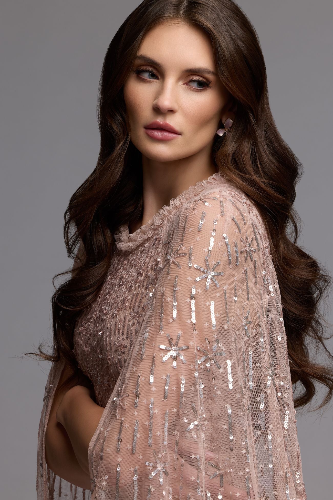 Pink Embellished High Neck Gown With Cape Sleeves | Mac Duggal Pink Embellished High Neck Gown With Cape Sleeves | Mac Duggal