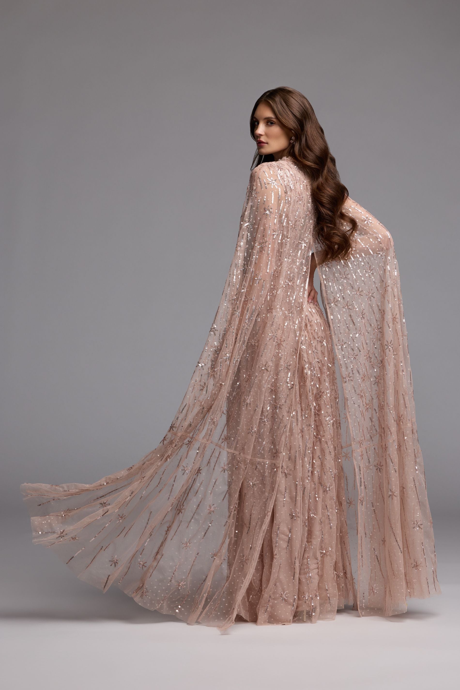Pink Embellished High Neck Gown With Cape Sleeves Pink Embellished High Neck Gown With Cape Sleeves