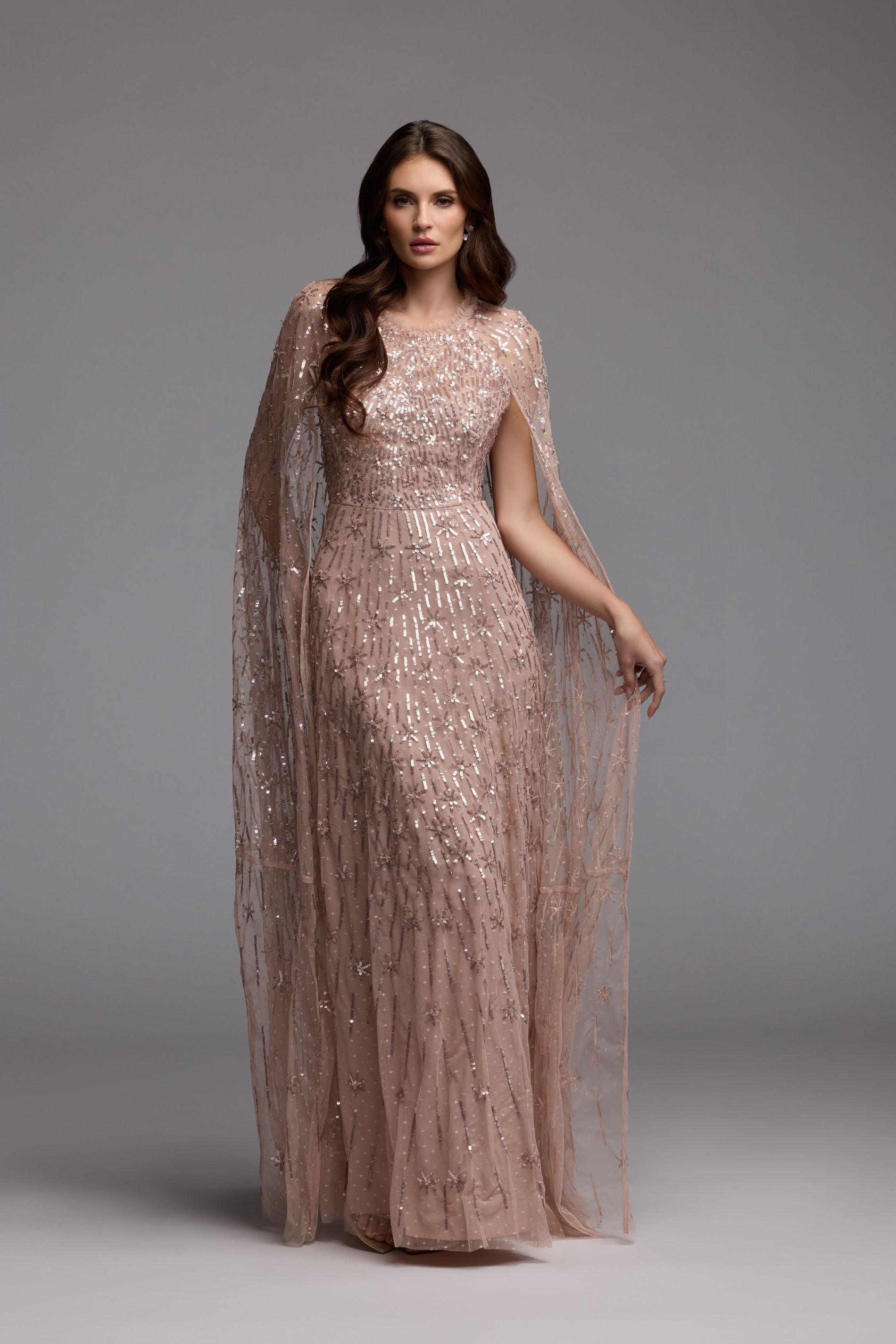 Pink Embellished High Neck Gown With Cape Sleeves - Mac Duggal