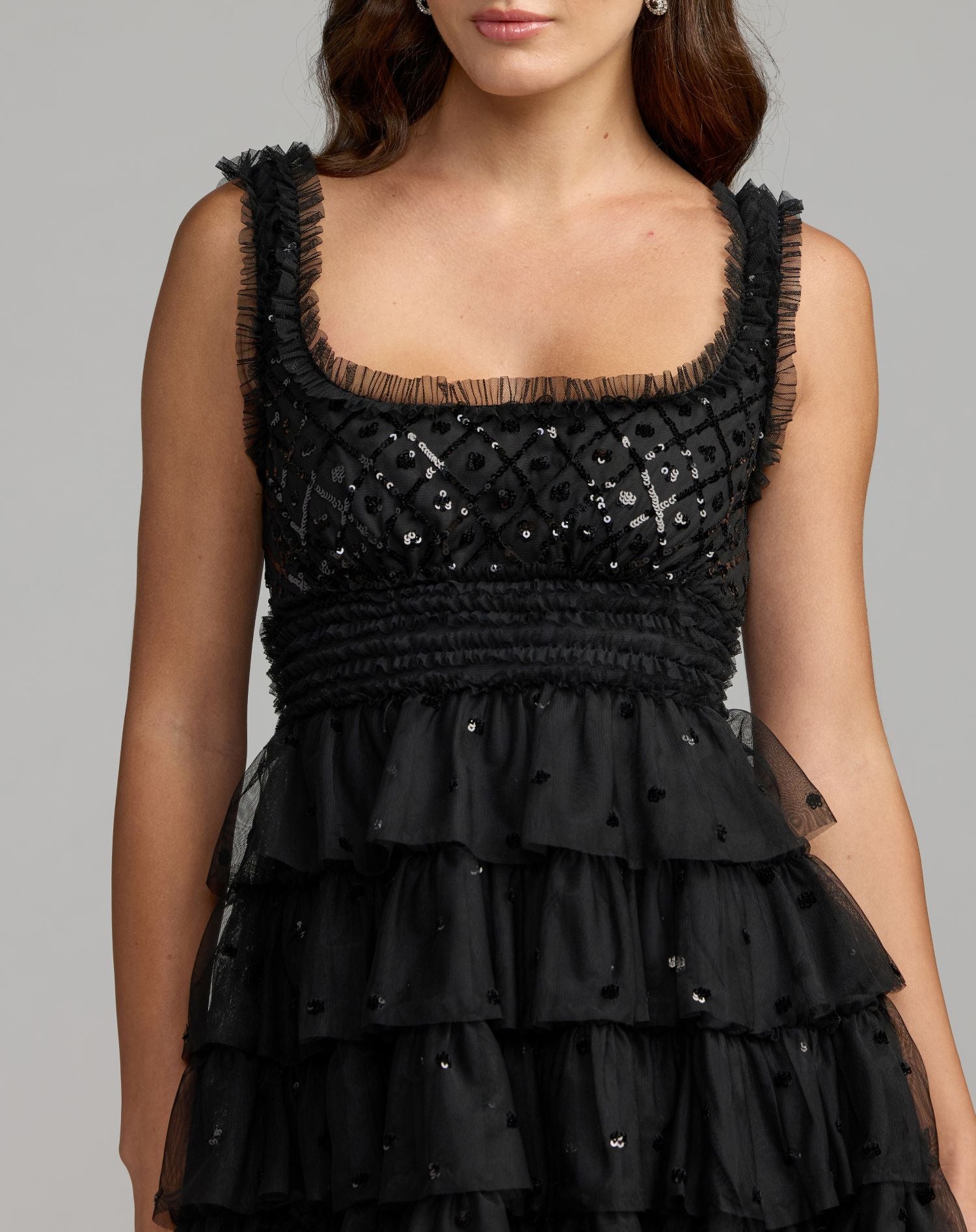 Black Sleeveless Sequin Tiered Ruffle Mini Dress  - Mac Duggal