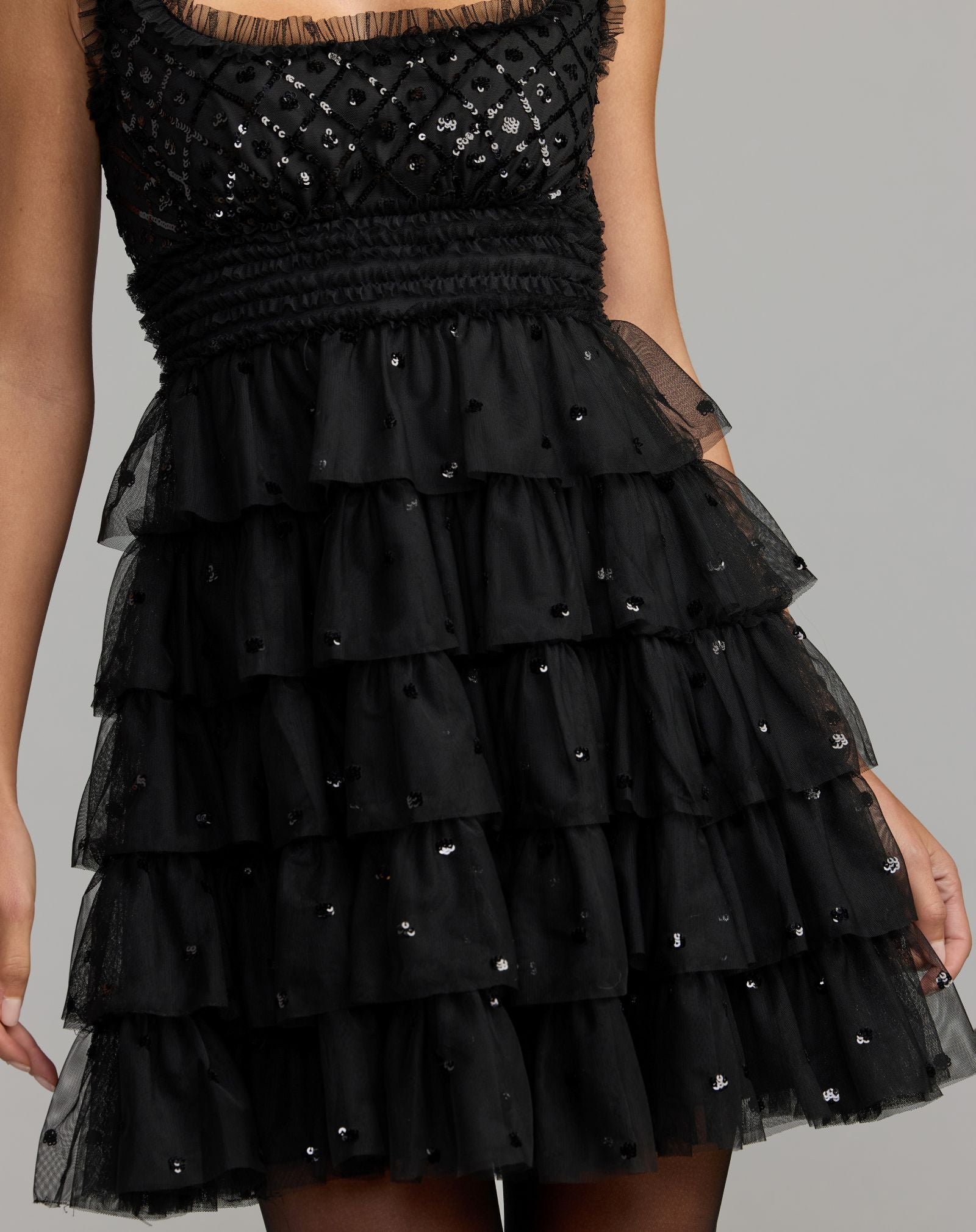Black Sleeveless Sequin Tiered Ruffle Mini Dress  - Mac Duggal