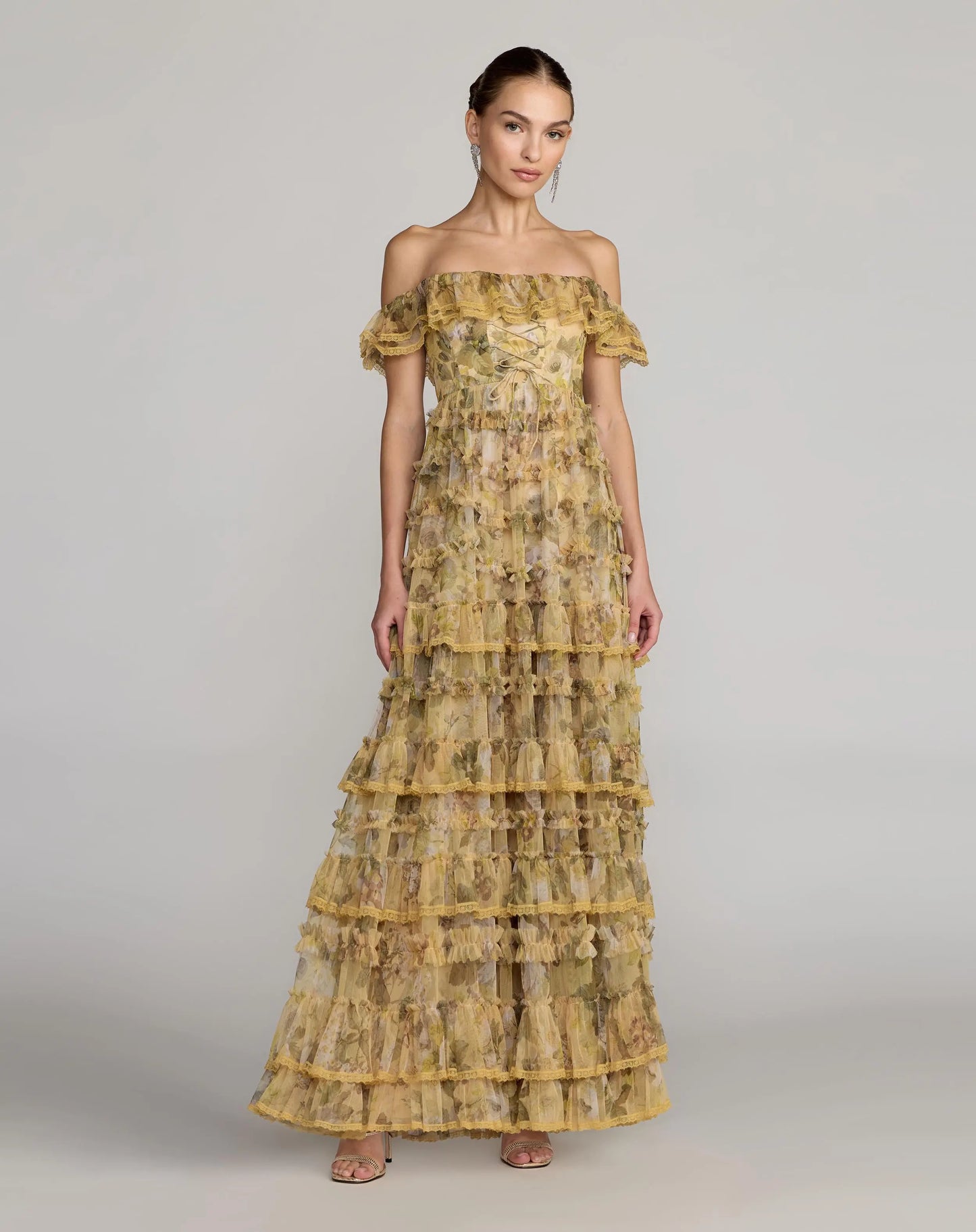 Yellow Floral Off Shoulder Tiered Gown Mac Duggal