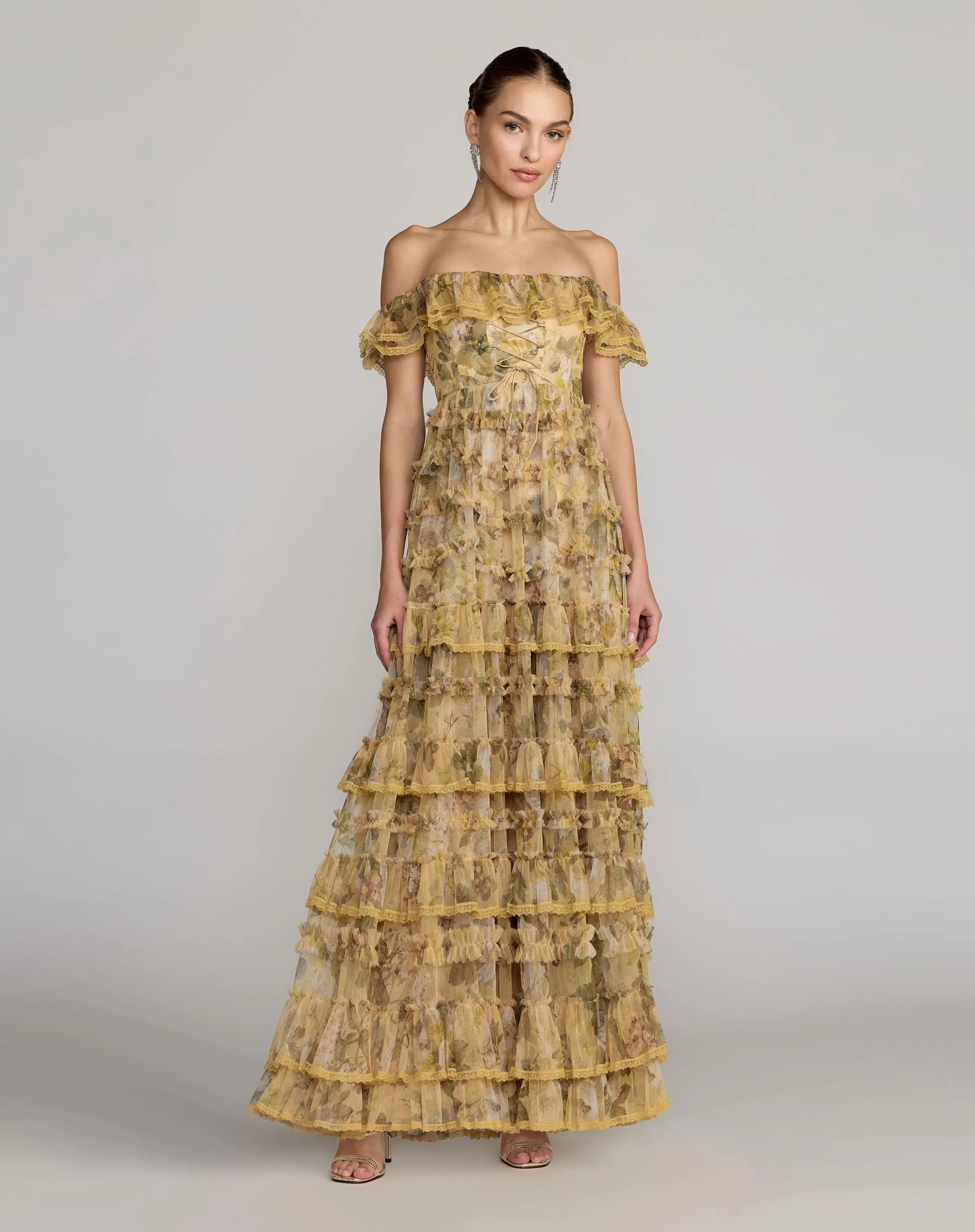 Yellow Floral Off Shoulder Tiered Gown Mac Duggal