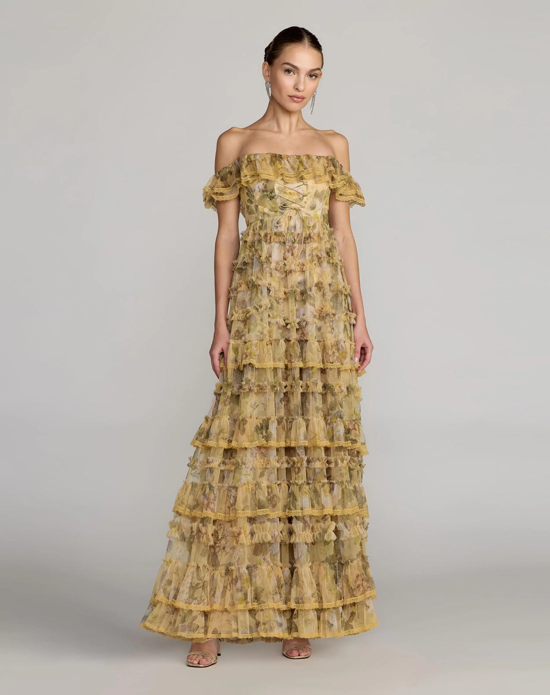 Yellow Floral Off Shoulder Tiered Gown Mac Duggal