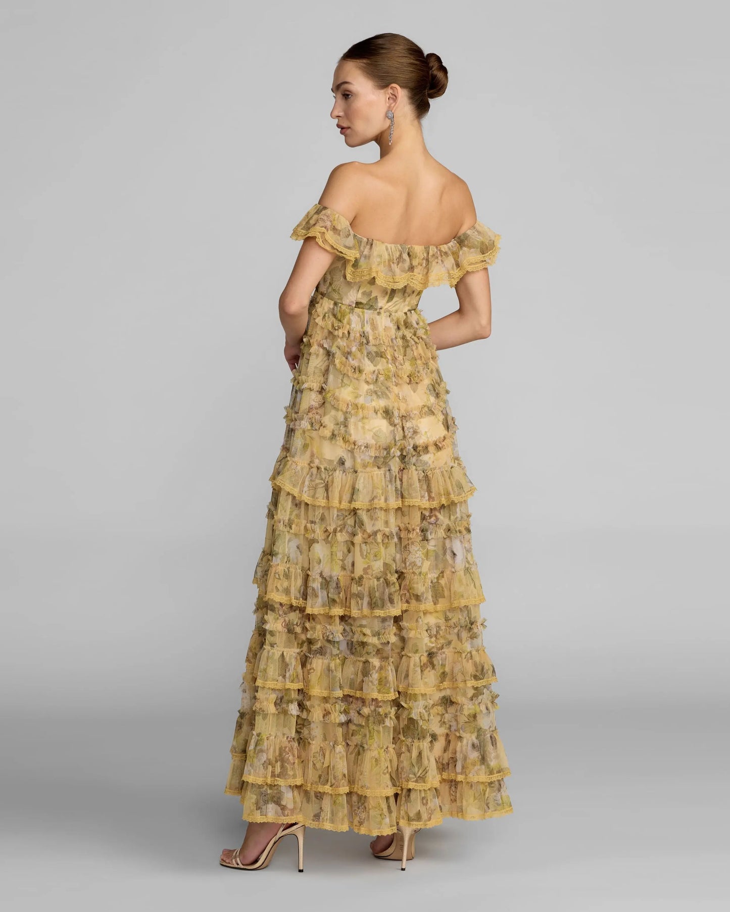 Yellow Floral Off Shoulder Tiered Gown Mac Duggal