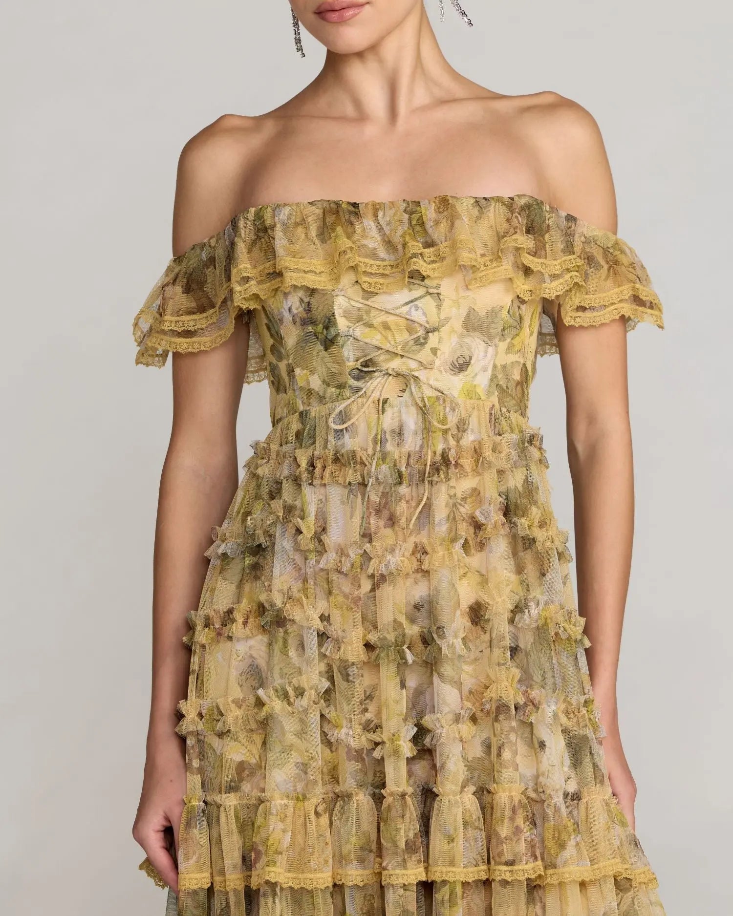 Yellow Floral Off Shoulder Tiered Gown Mac Duggal