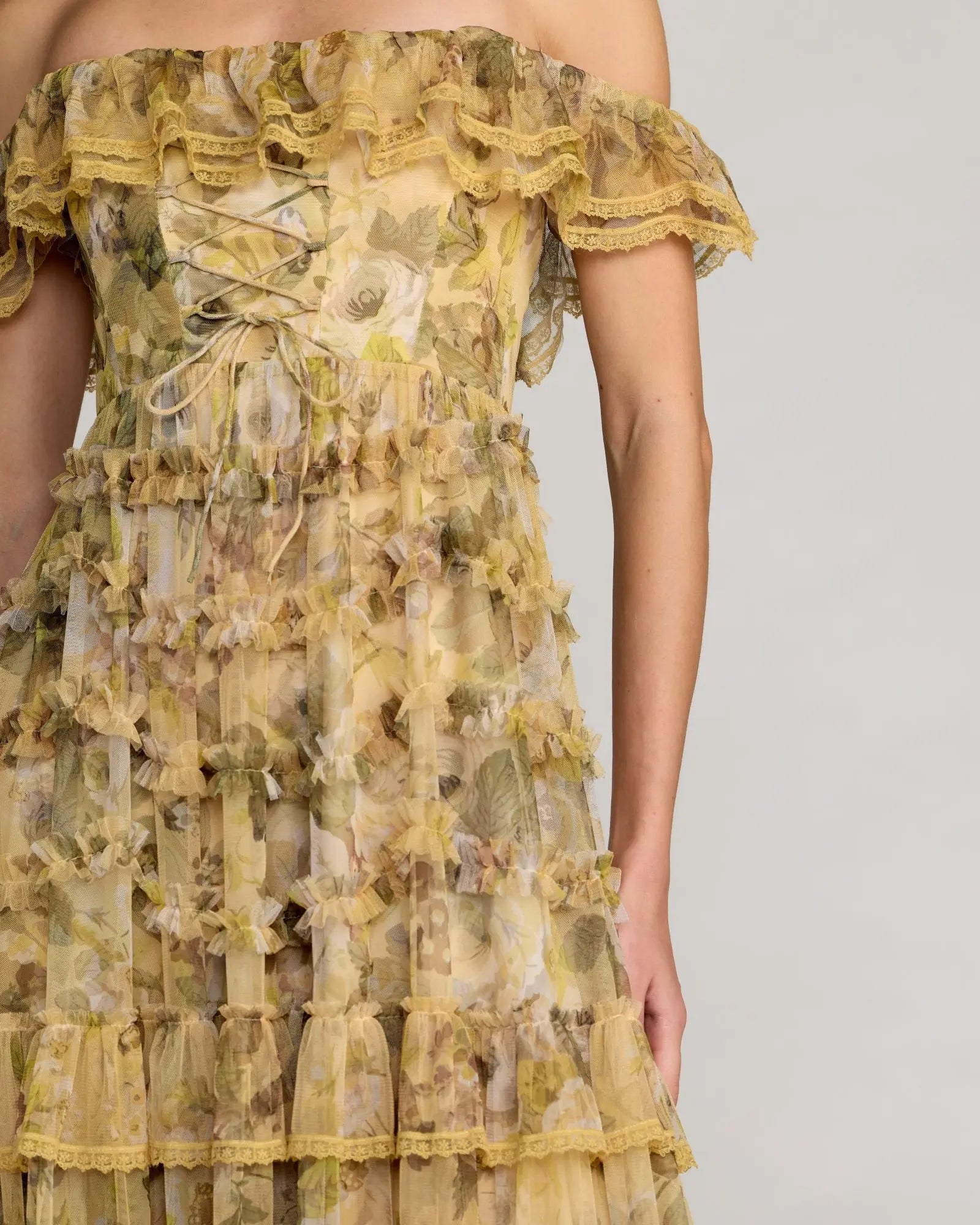 yellow off shoulder dress with floral design Mac Duggal - Yellow Floral Off The Shoulder Tiered Gown