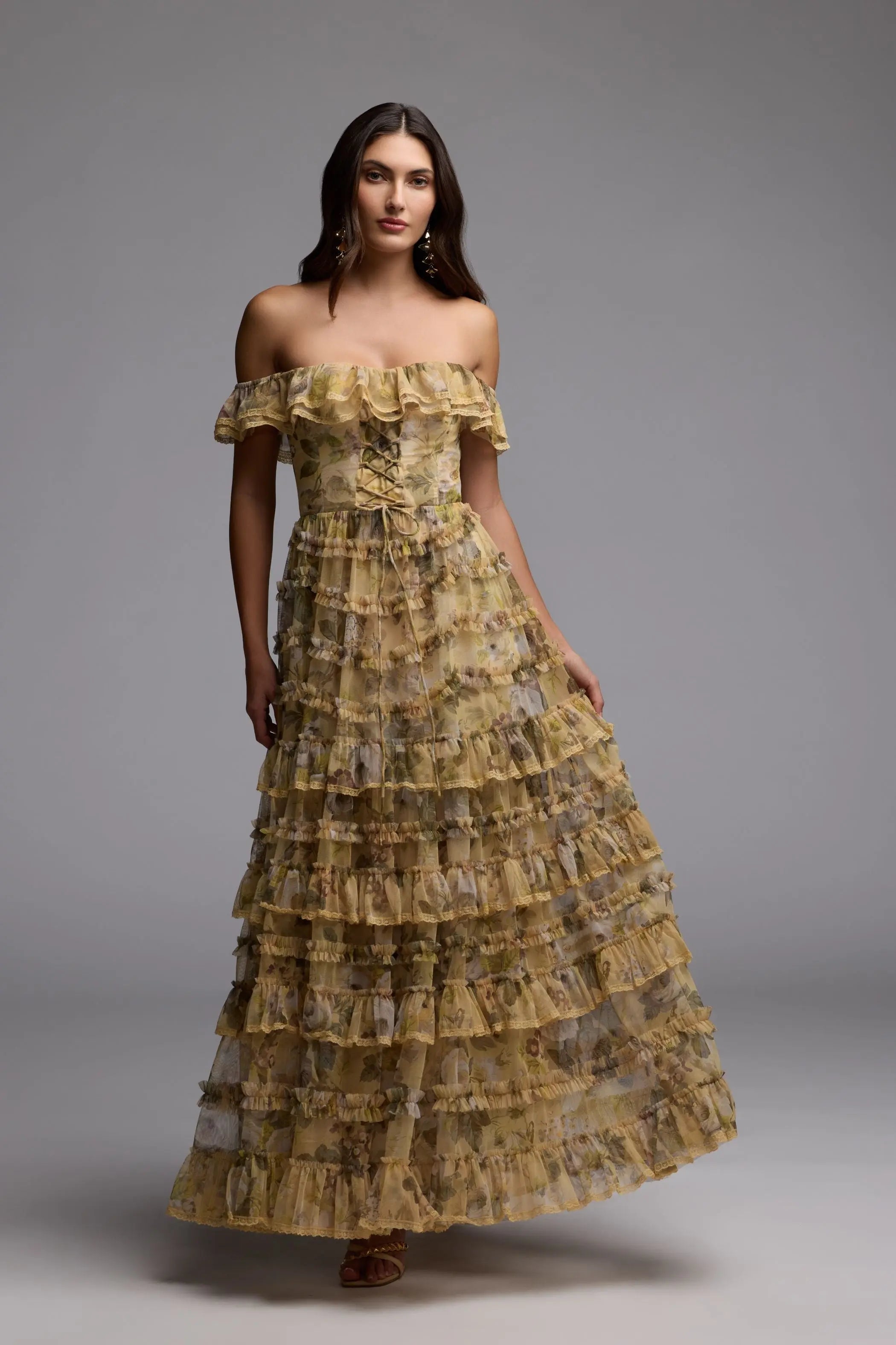 Yellow Floral Off Shoulder Tiered Gown Mac Duggal
