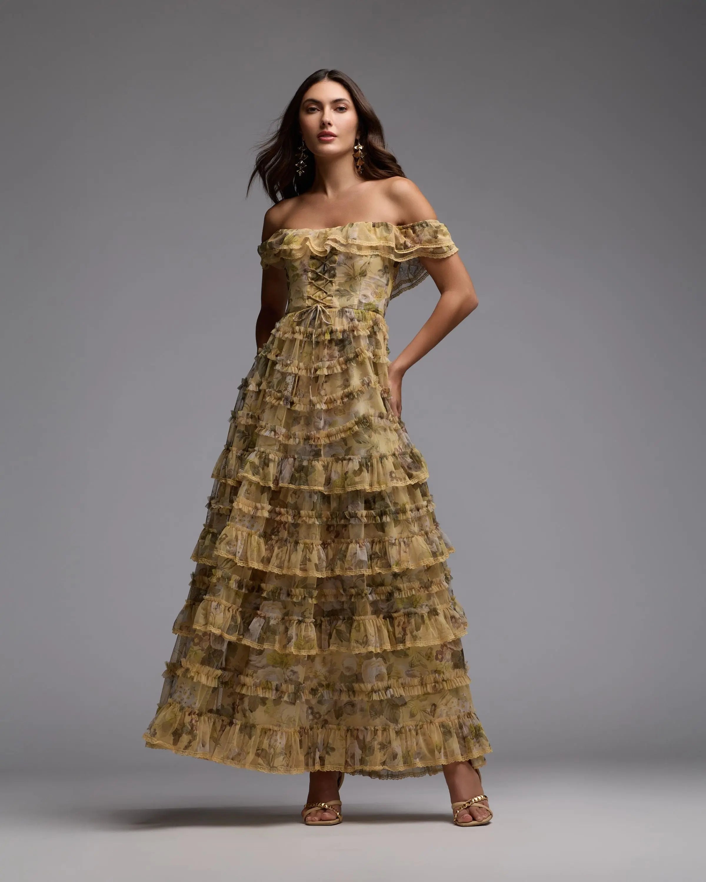 Yellow Floral Off Shoulder Tiered Gown Mac Duggal