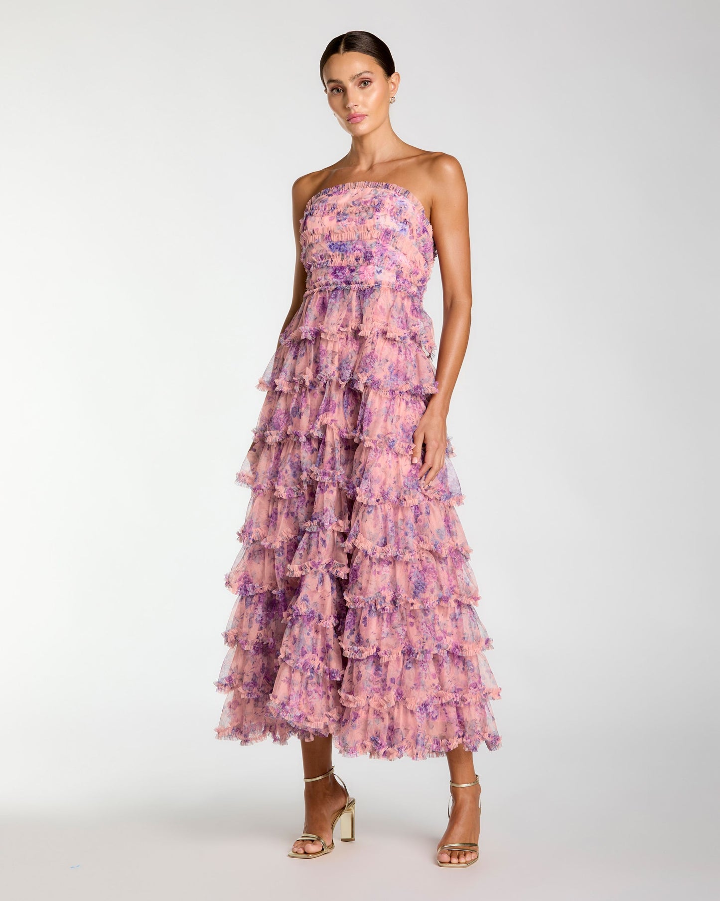 Pink Floral Ruffle Tiered Strapless Midi Dress Mac Duggal