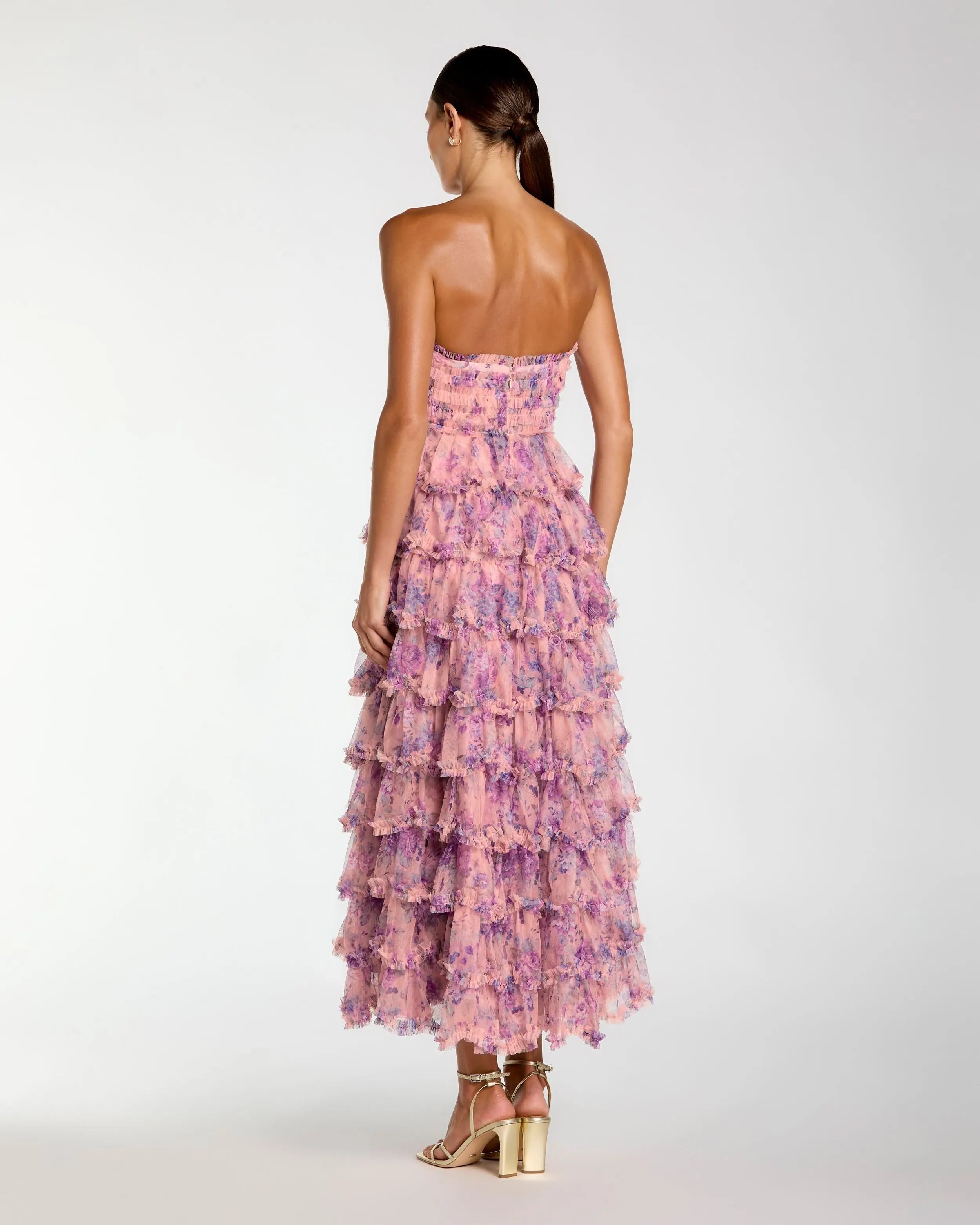 Pink Floral Ruffle Tiered Strapless Midi Dress | Mac Duggal