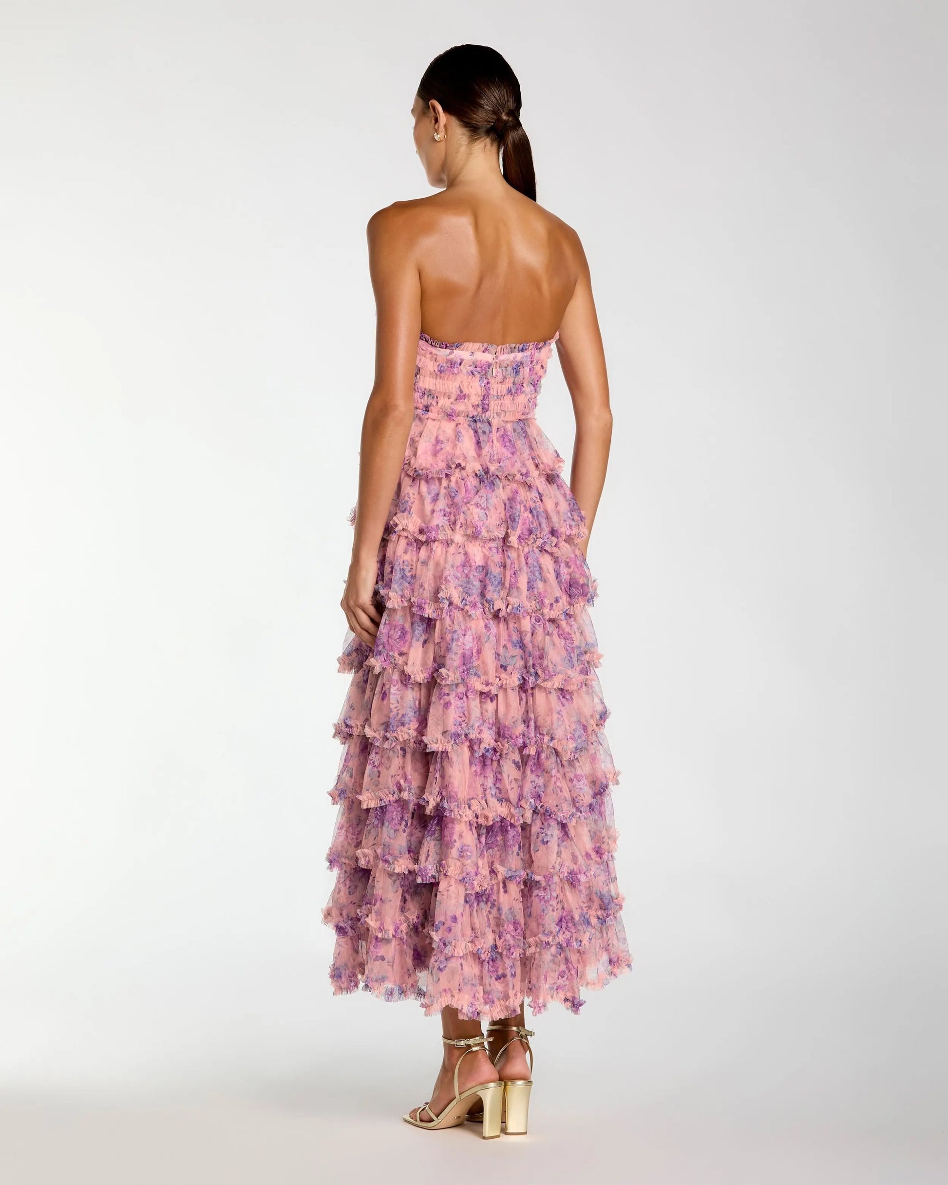Mac Duggal Printed Mesh Strapless Ruffle A Line Midi Dress, Womens, 2, Orchid Multi Mac Duggal Printed Mesh Strapless Ruffle A Line Midi Dress, Womens, 2, Orchid Multi