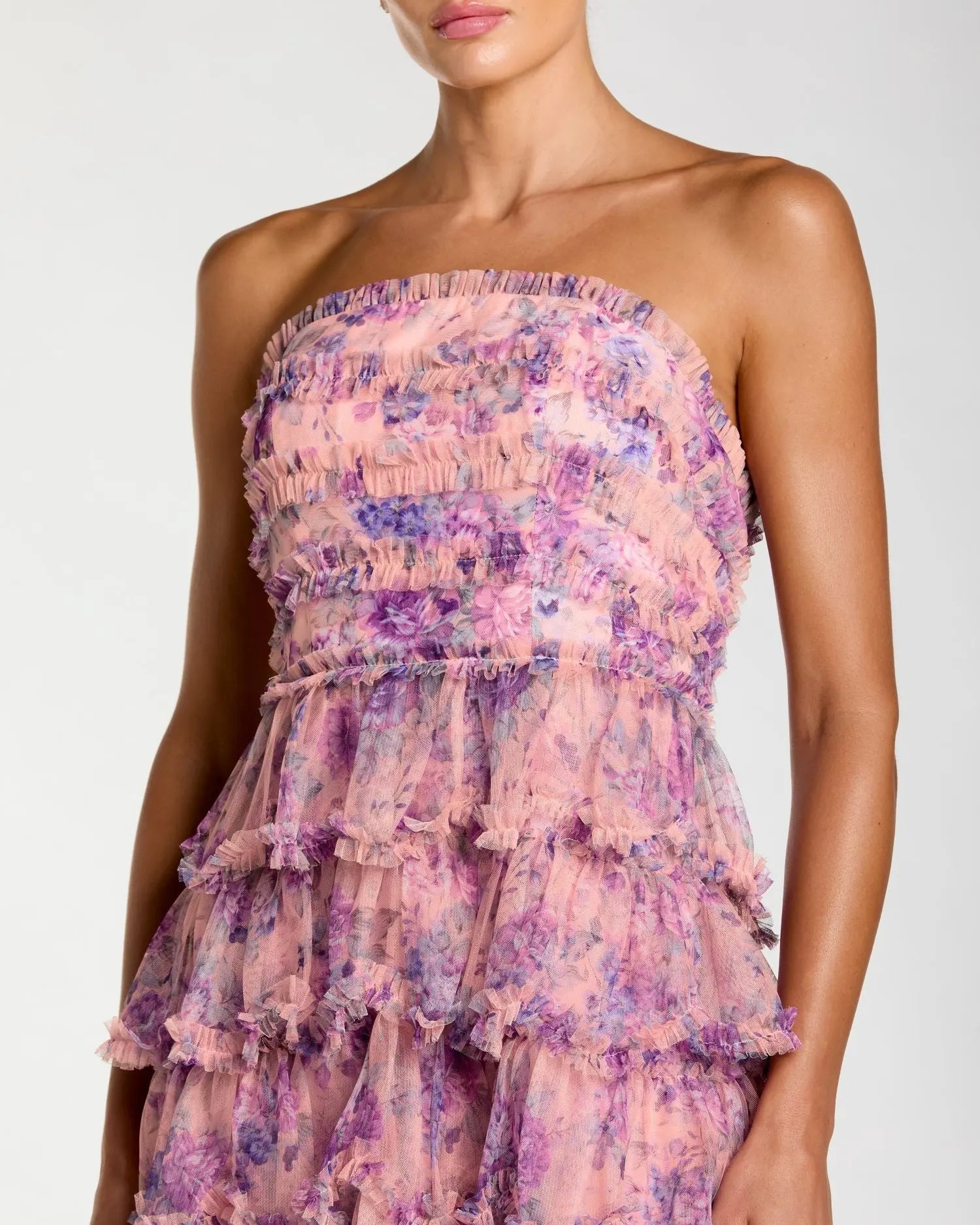 Pink Floral Ruffle Tiered Strapless Midi Dress | Mac Duggal Pink Floral Ruffle Tiered Strapless Midi Dress | Mac Duggal