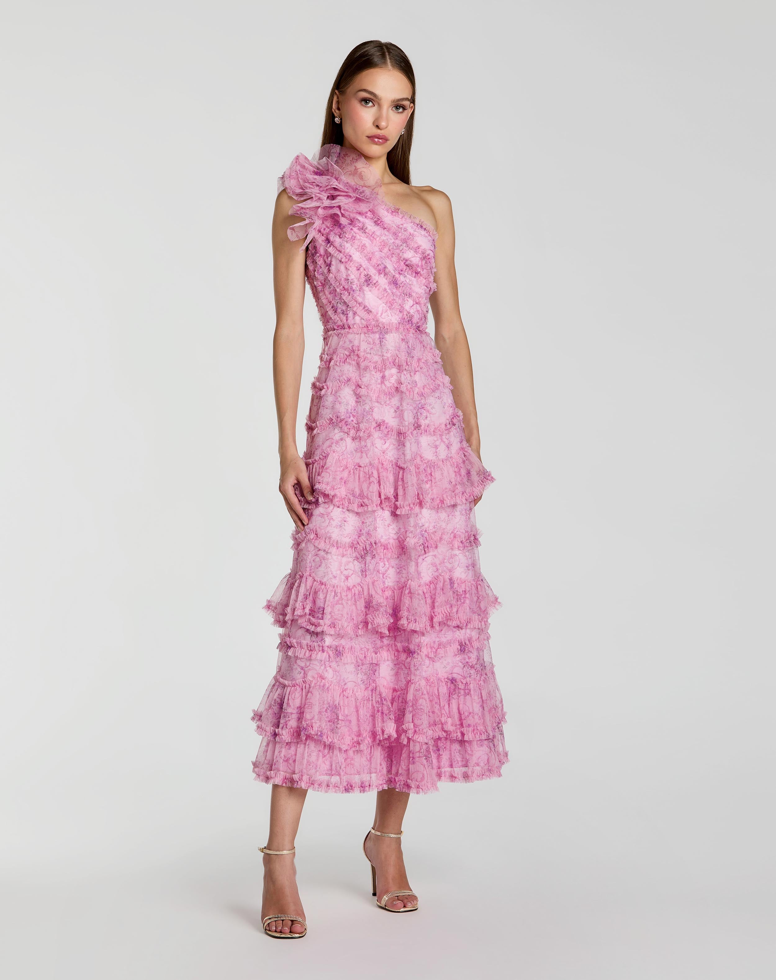 Pink Printed One Shoulder Ruffled A Line Midi Dress - Mac Duggal
