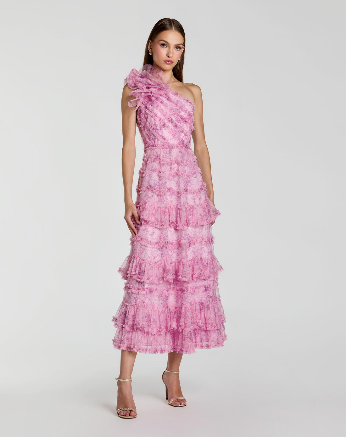 Pink Printed One Shoulder Ruffled A Line Midi Dress - Mac Duggal
