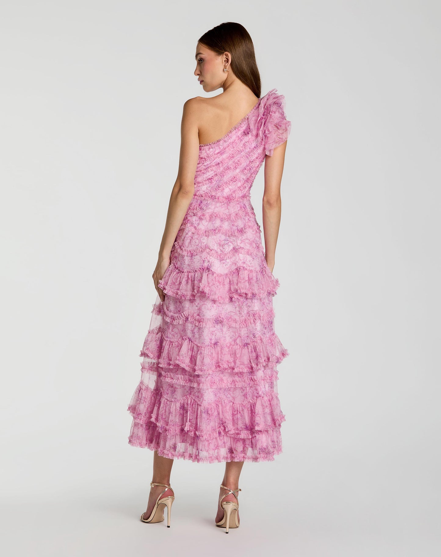 Pink Printed One Shoulder Ruffled A Line Midi Dress - Mac Duggal