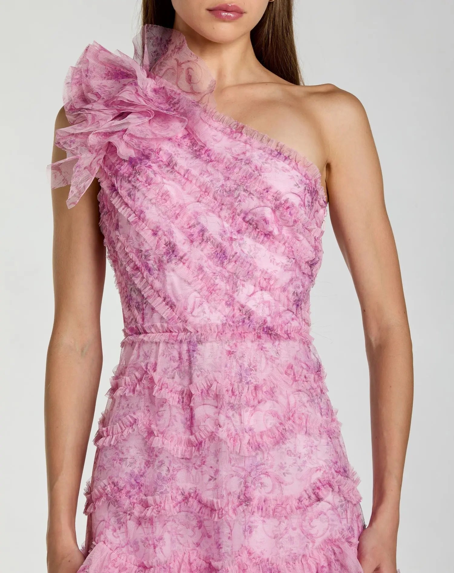 Pink Printed One Shoulder Ruffled A Line Midi Dress Pink Printed One Shoulder Ruffled A Line Midi Dress