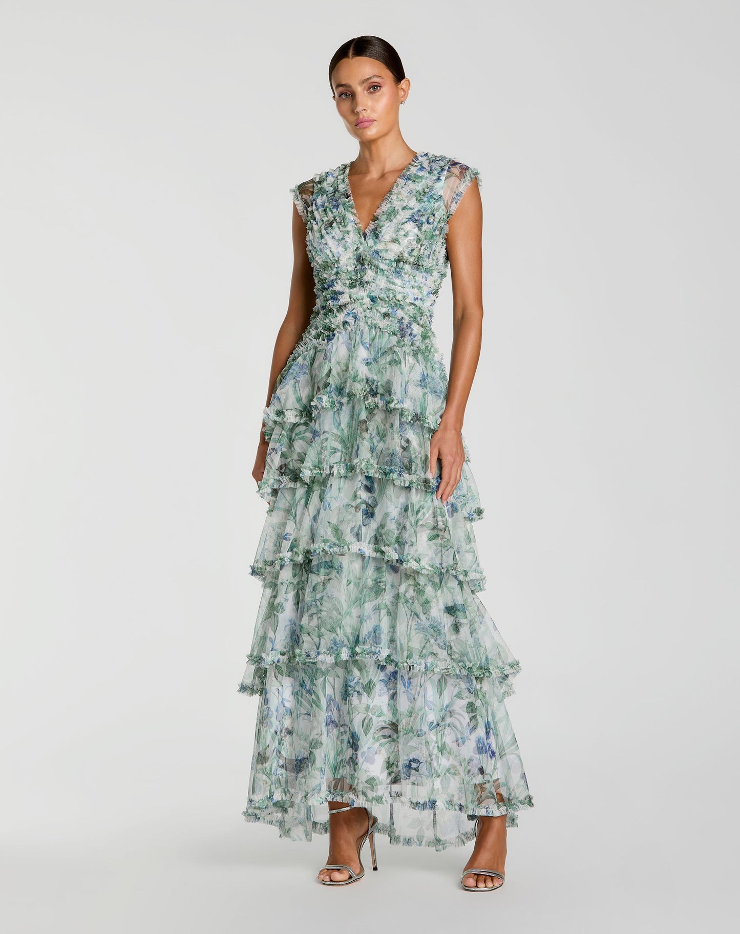 Blue Floral V Neck Tiered Ruffle Maxi Dress | Mac Duggal Blue Floral V Neck Tiered Ruffle Maxi Dress | Mac Duggal
