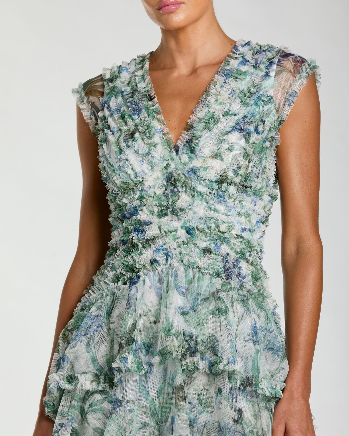 Blue Floral V Neck Tiered Ruffle Maxi Dress Mac Duggal