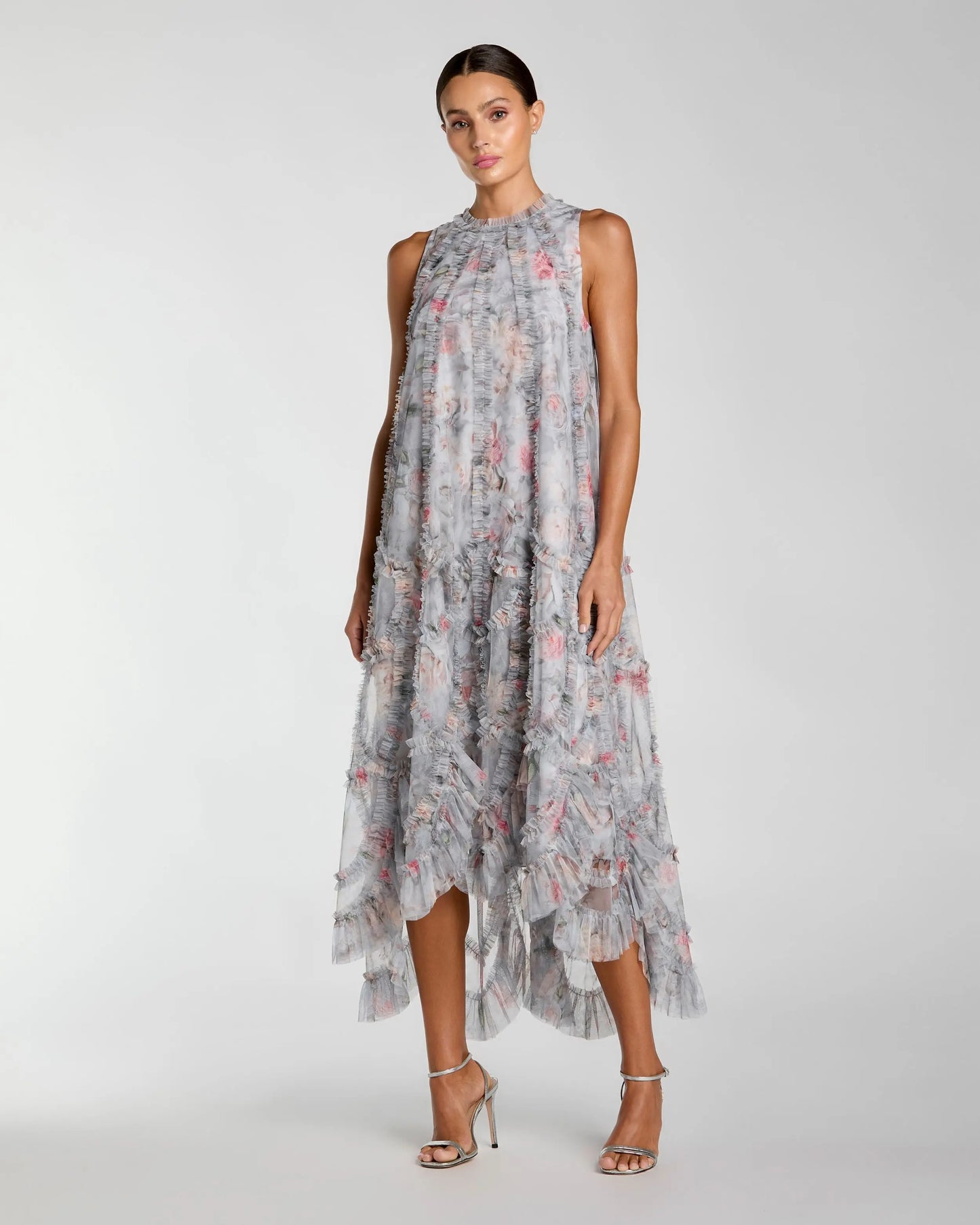 Gray Floral Ruffle High Neck Midi Dress Mac Duggal