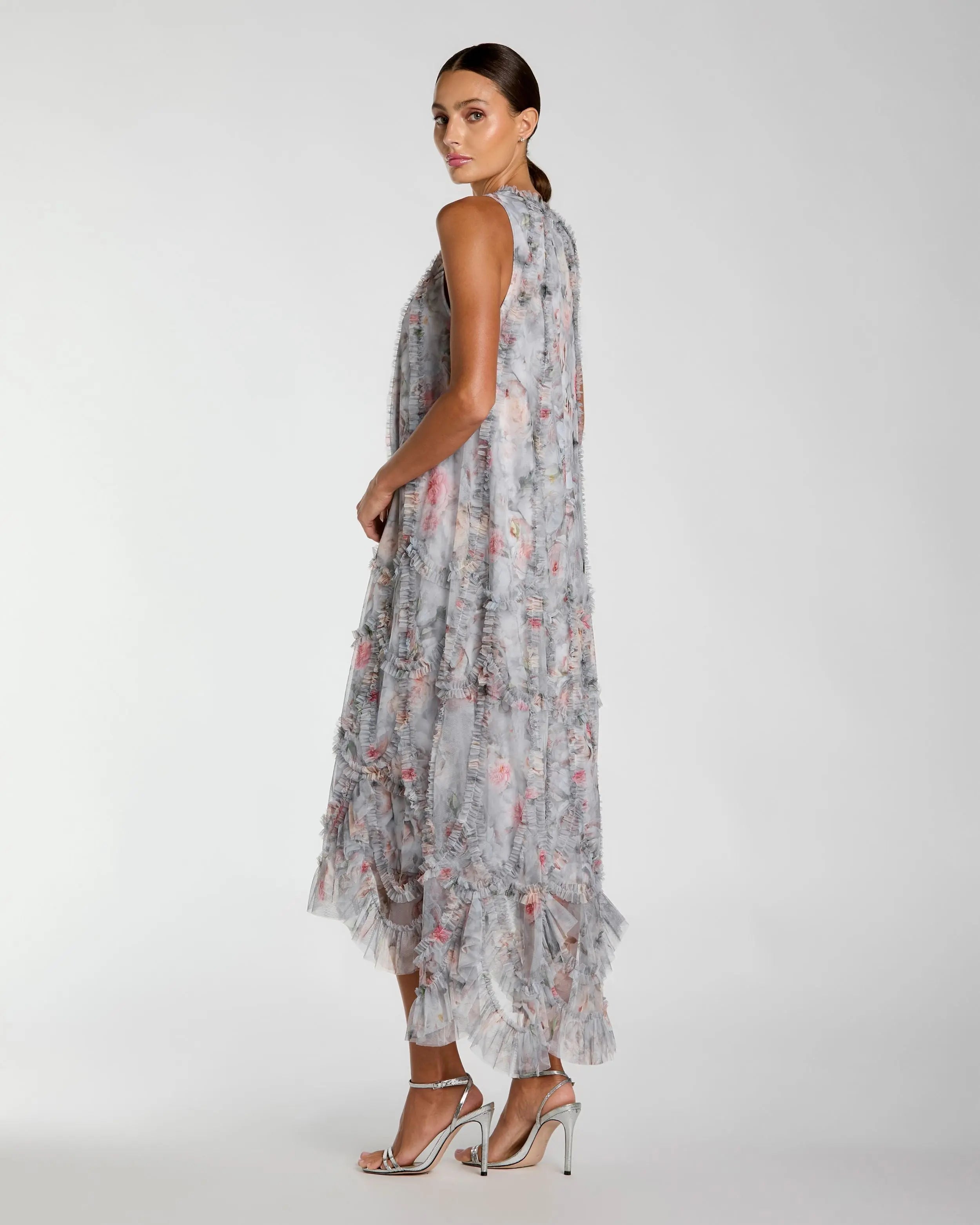 Mac Duggal - Gray Floral Ruffle High Neck Midi Dress - Pearl Grey / M Mac Duggal - Gray Floral Ruffle High Neck Midi Dress - Pearl Grey / M