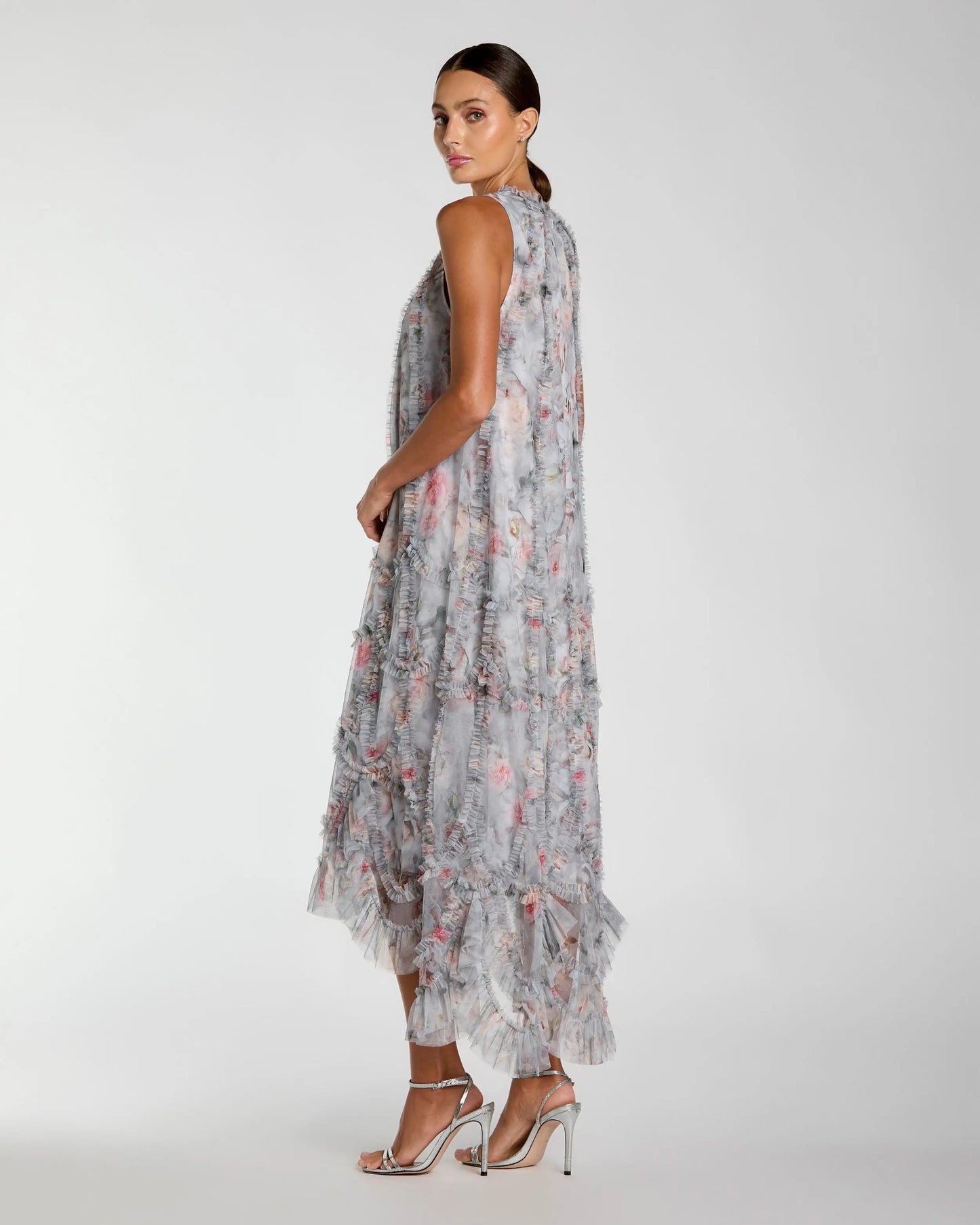 Gray Floral Ruffle High Neck Midi Dress Mac Duggal