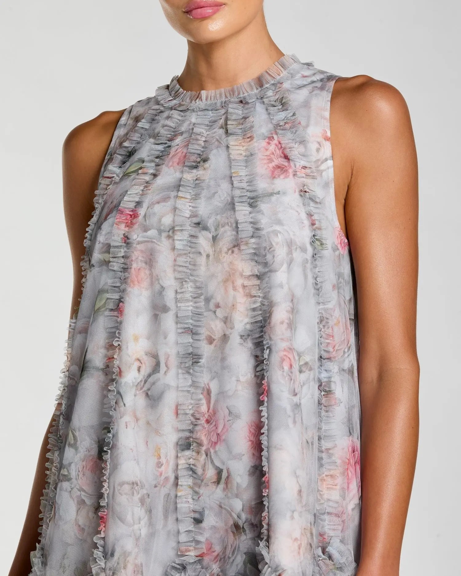 Gray Floral Ruffle High Neck Midi Dress | Mac Duggal