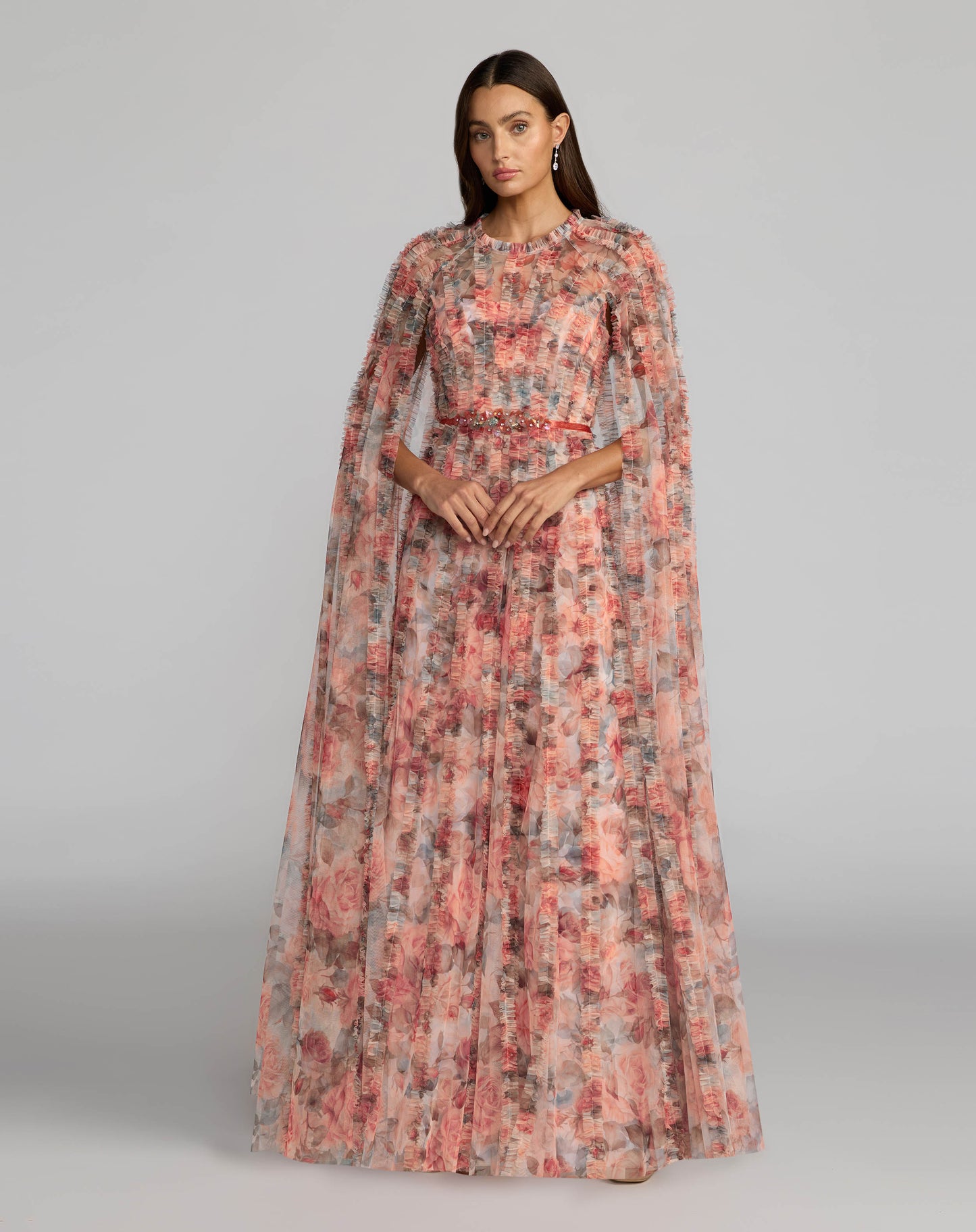 Multicolor Floral High Neck Cape Sleeve Ruffle Gown Mac Duggal