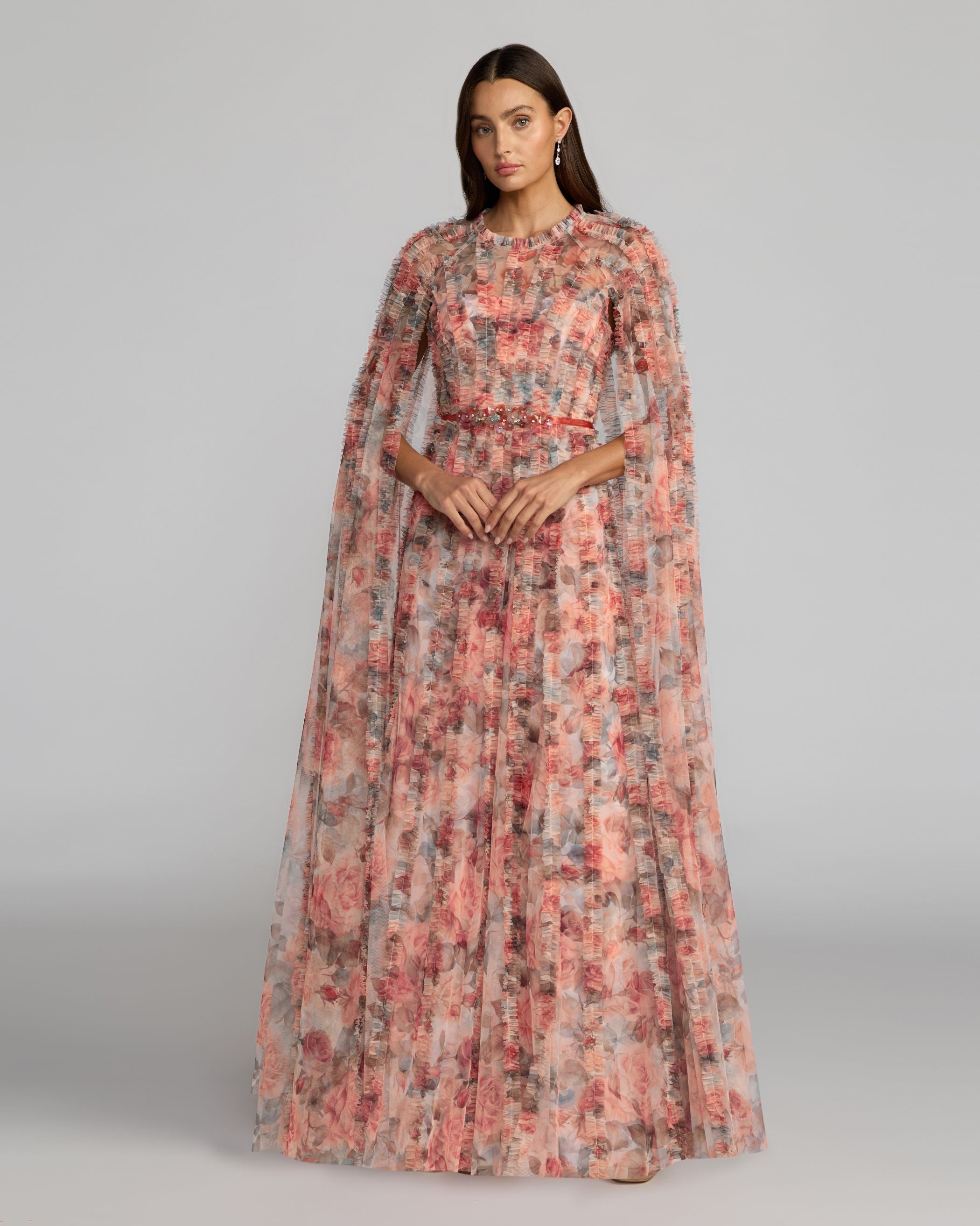 Multicolor Floral High Neck Cape Sleeve Ruffle Gown Mac Duggal