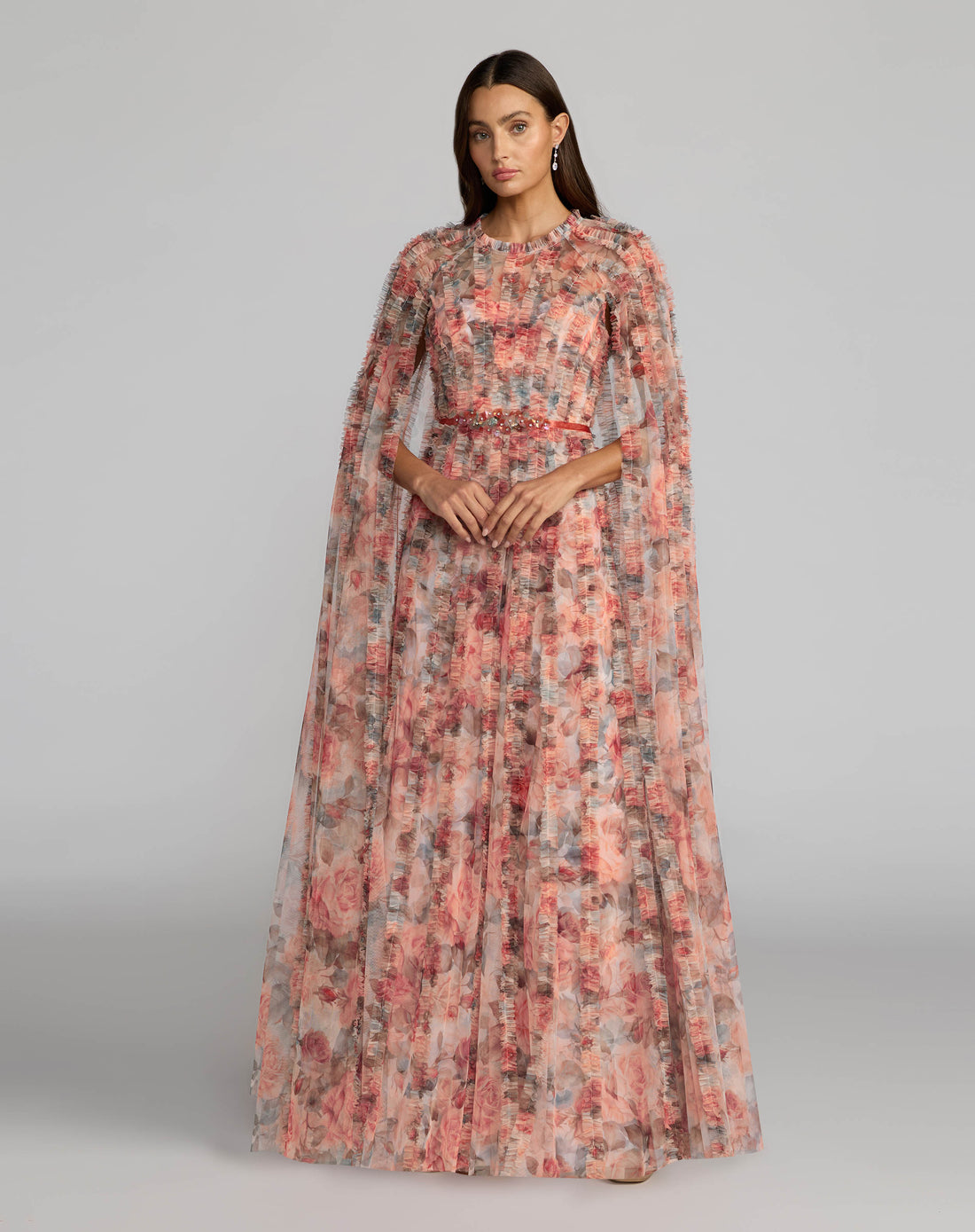 Multicolor Floral High Neck Cape Sleeve Ruffle Gown Mac Duggal