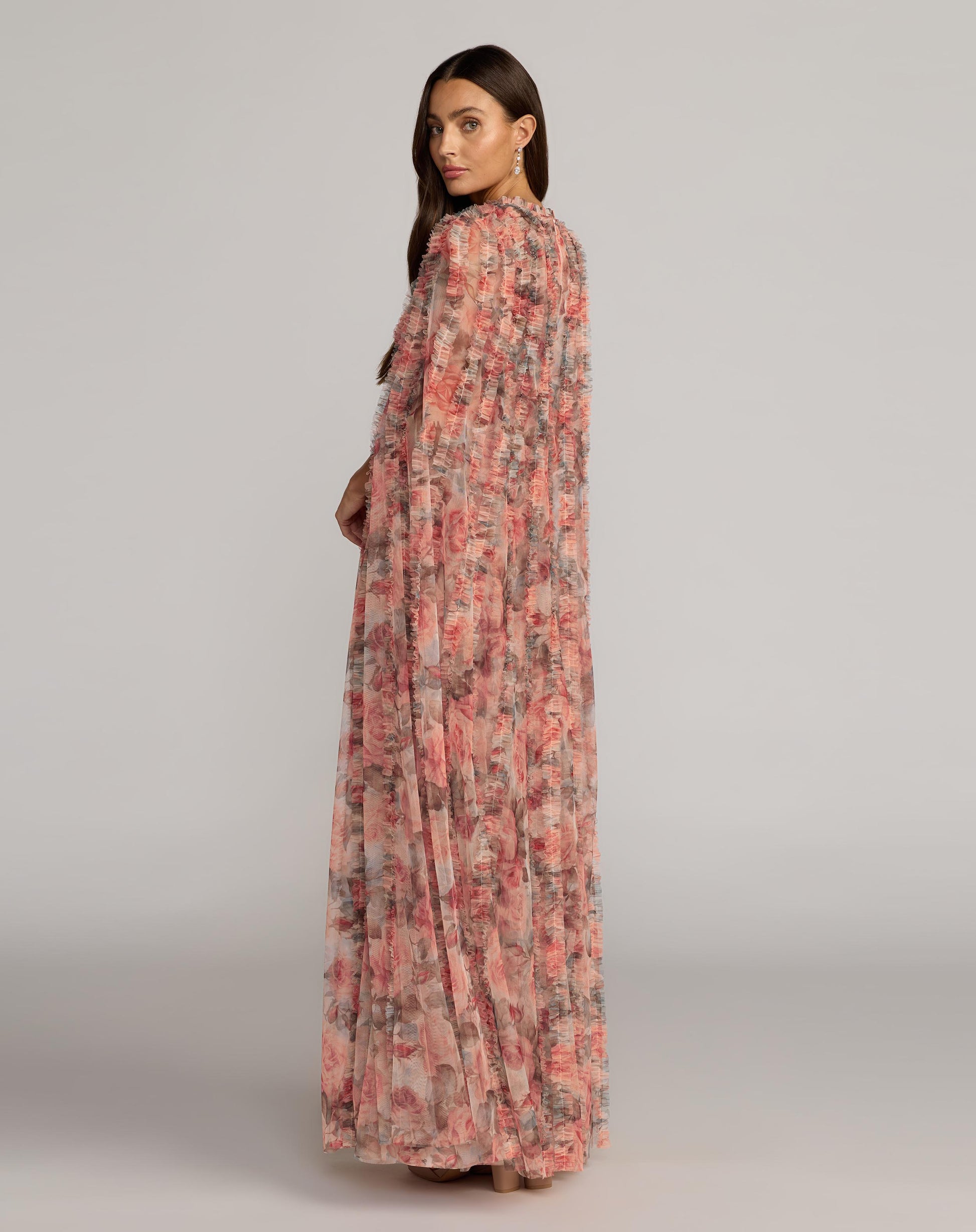Multicolor Floral High Neck Cape Sleeve Ruffle Gown Mac Duggal