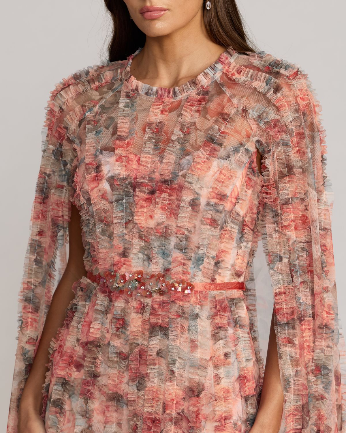 Multicolor Floral High Neck Cape Sleeve Ruffle Gown Mac Duggal