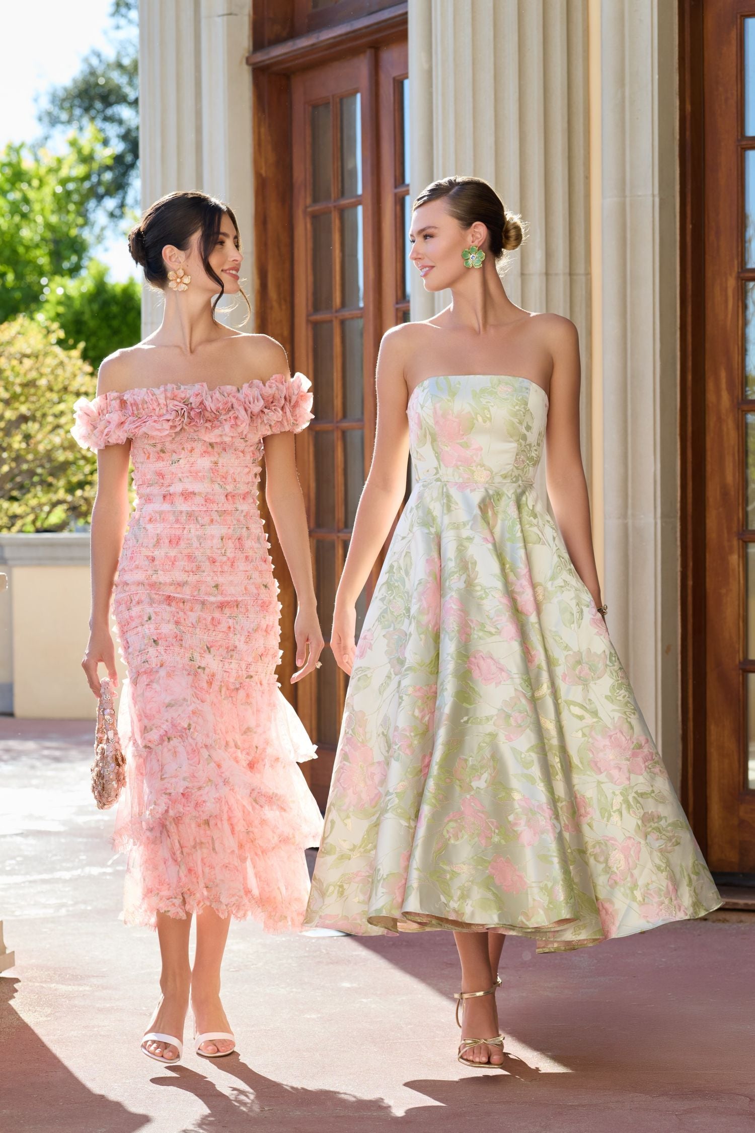 Pink Floral Off The Shoulder Ruffle Midi Dress Mac Duggal