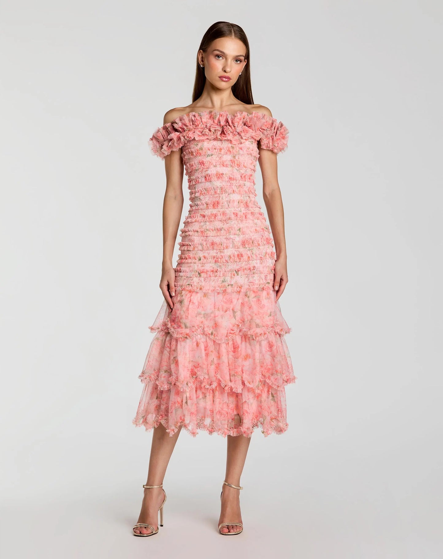 Pink Floral Off The Shoulder Ruffle Midi Dress Mac Duggal