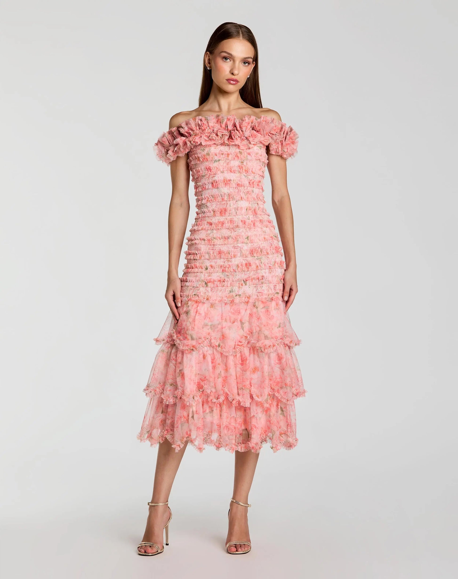 Pink Floral Off The Shoulder Ruffle Midi Dress Mac Duggal