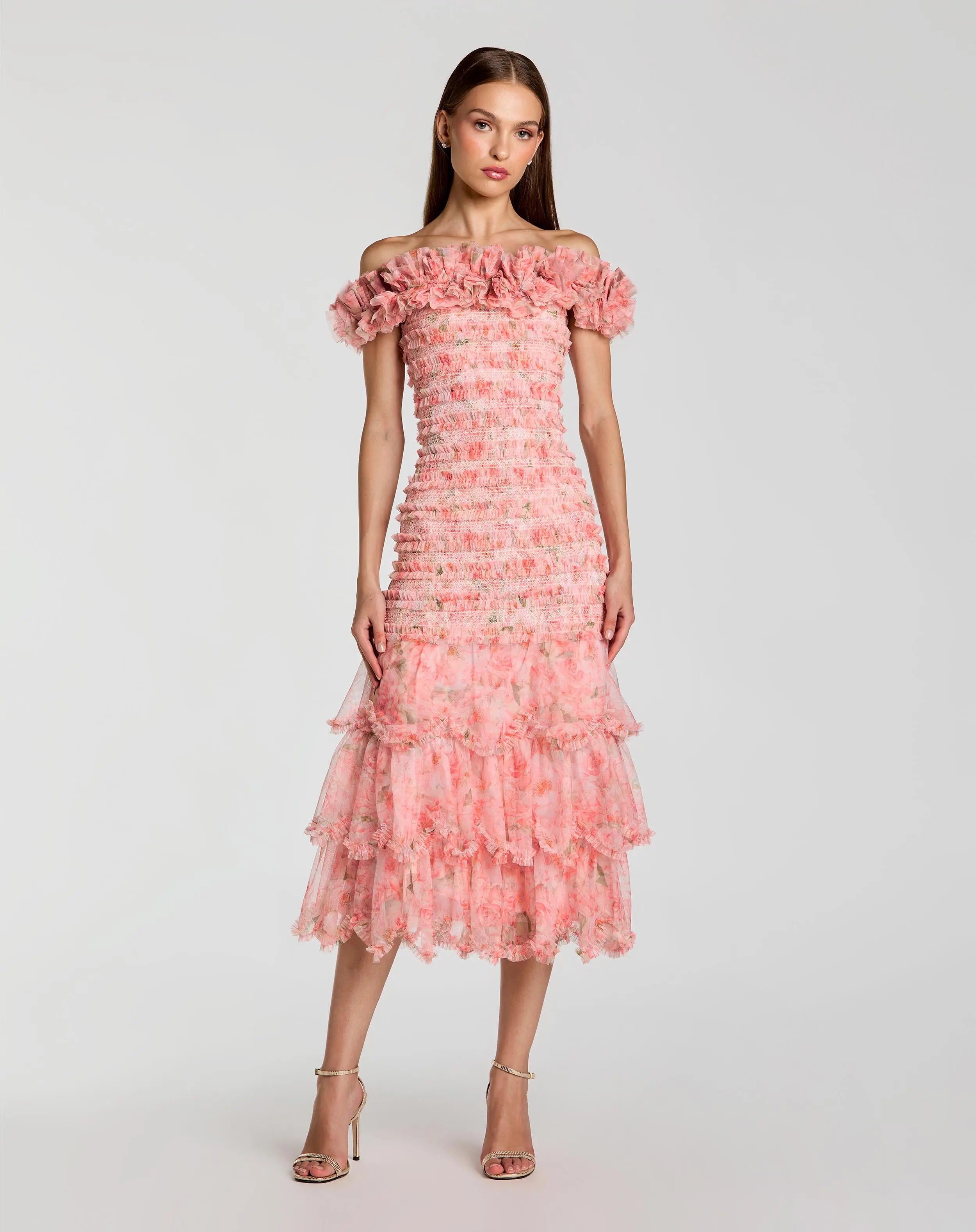Pink Floral Off The Shoulder Ruffle Midi Dress Mac Duggal