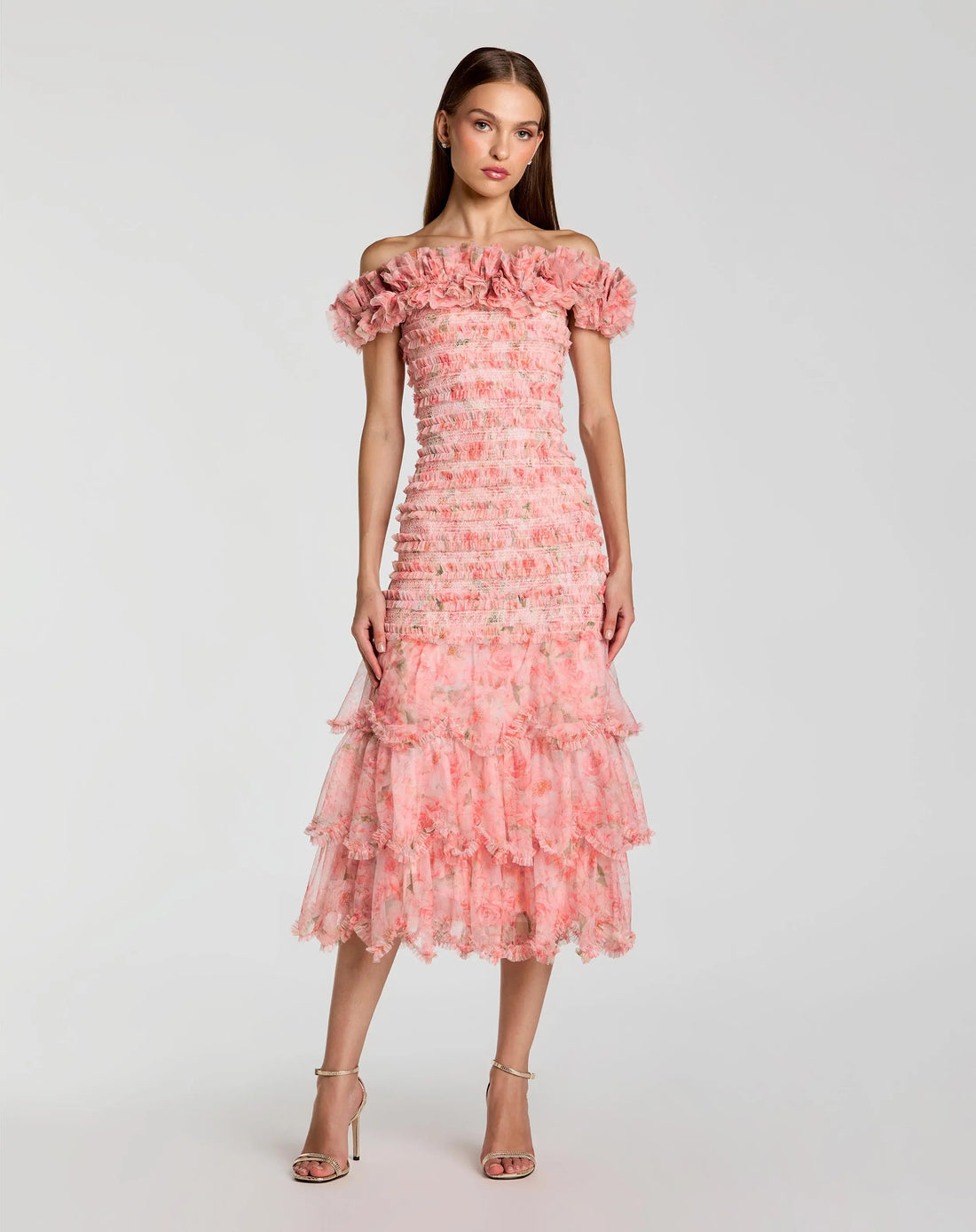 Pink Floral Off The Shoulder Ruffle Midi Dress Mac Duggal