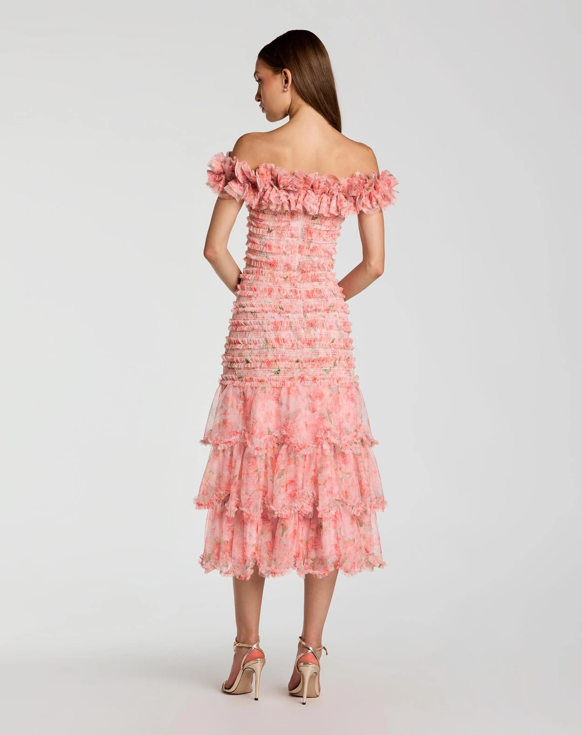 Pink Floral Off The Shoulder Ruffle Midi Dress | Mac Duggal Pink Floral Off The Shoulder Ruffle Midi Dress | Mac Duggal