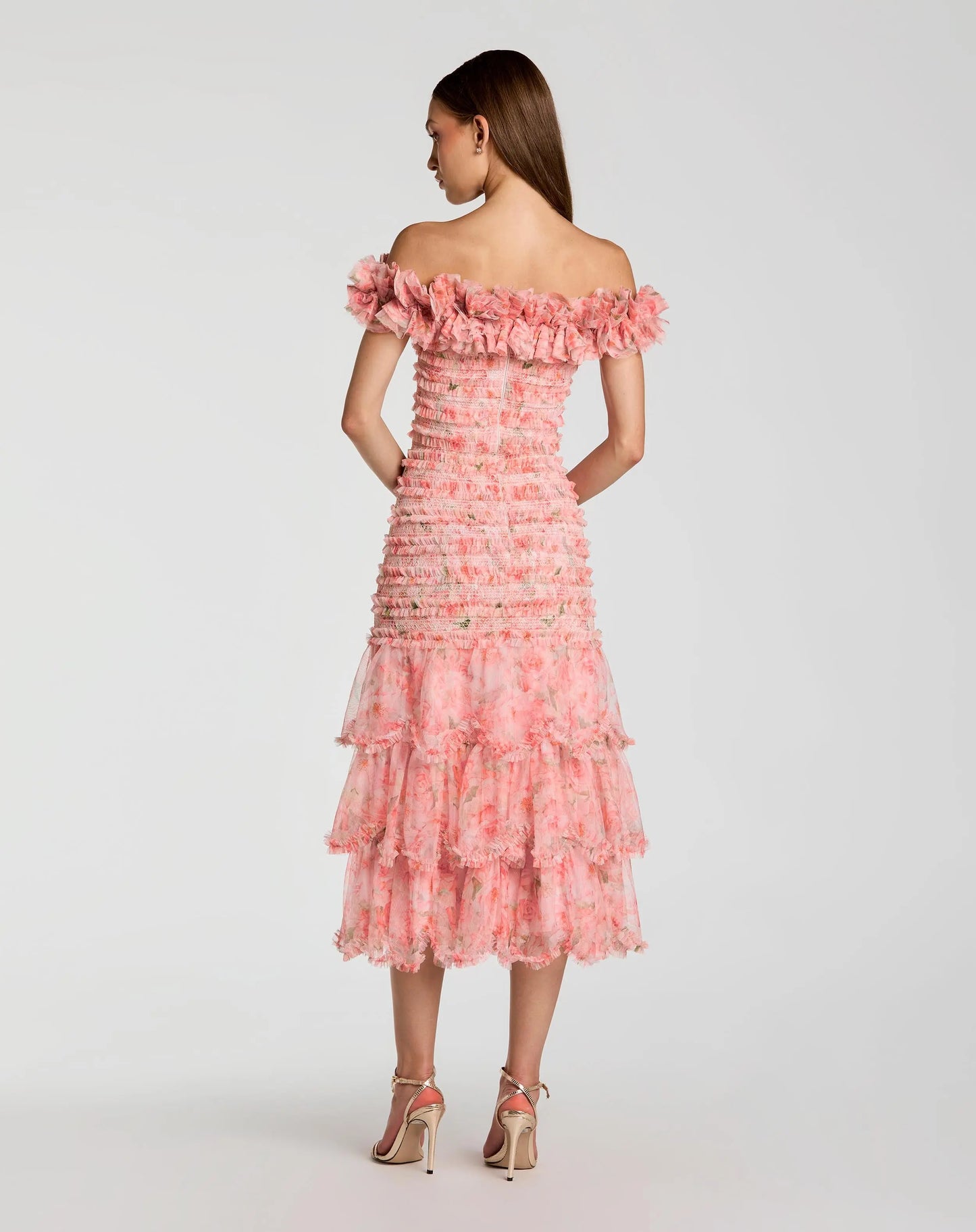 Pink Floral Off The Shoulder Ruffle Midi Dress Mac Duggal