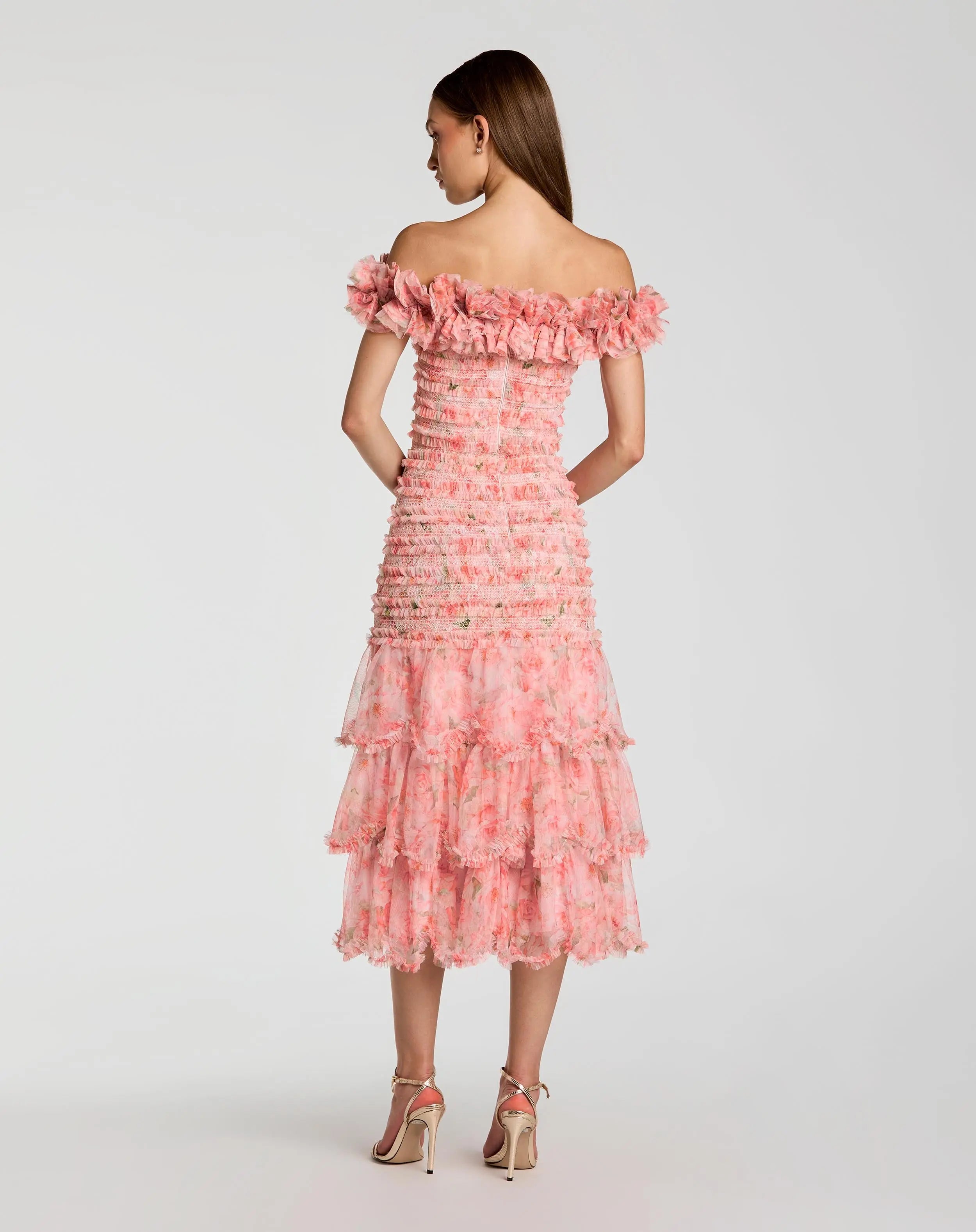 Pink Floral Off The Shoulder Ruffle Midi Dress Mac Duggal