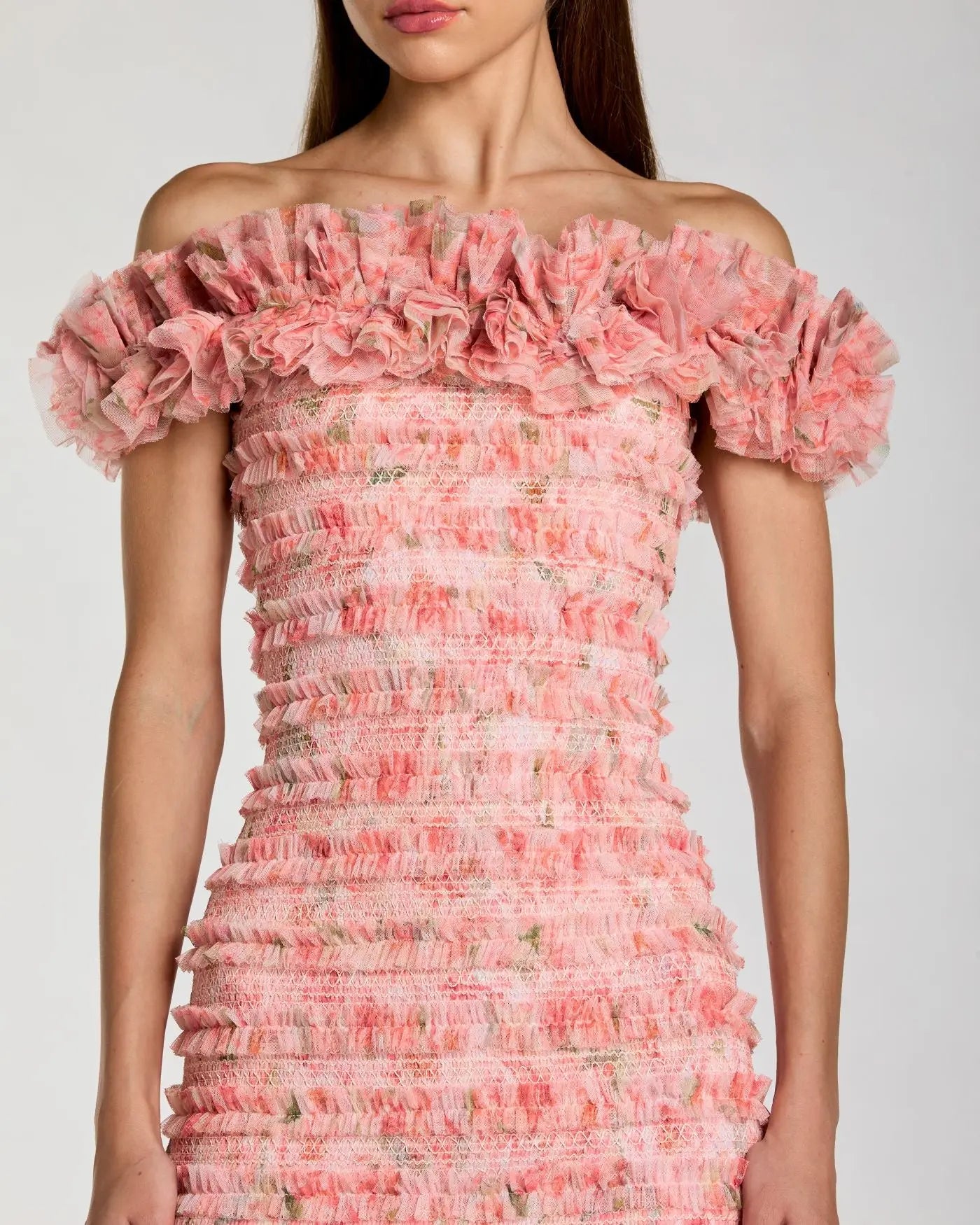 Pink Floral Off The Shoulder Ruffle Midi Dress Mac Duggal