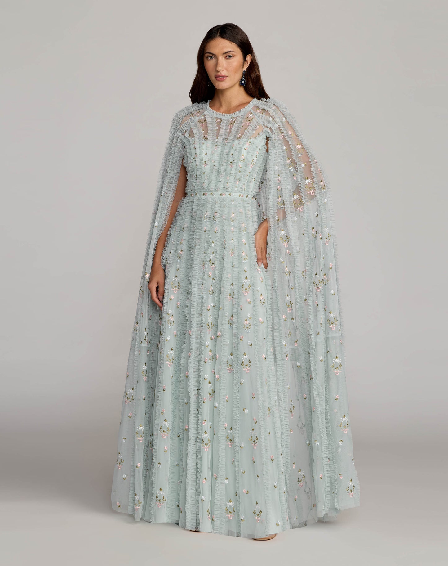 Blue Embroidered High Neck Cape Sleeve Gown - Mac Duggal