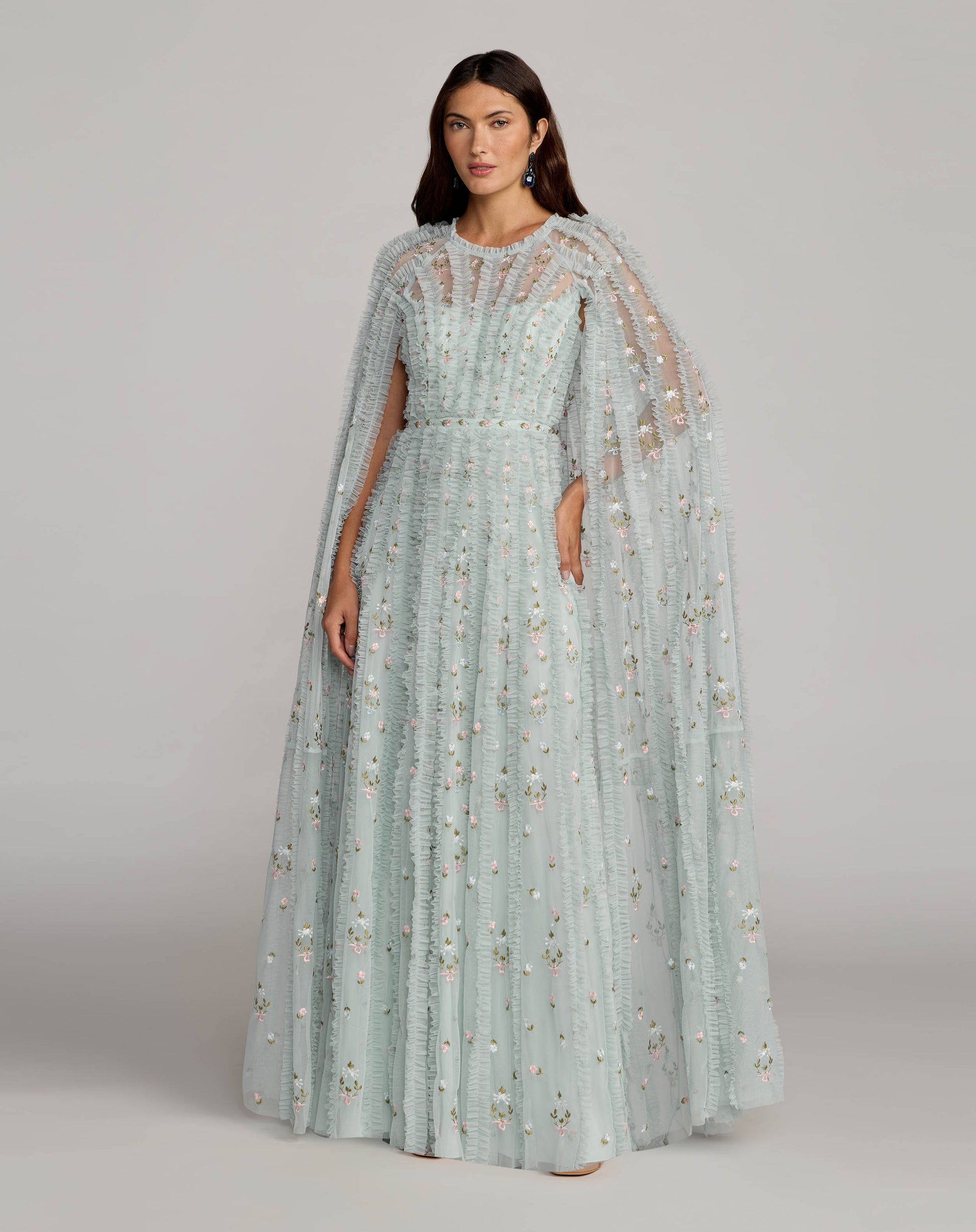 Blue Embroidered High Neck Cape Sleeve Gown - Mac Duggal