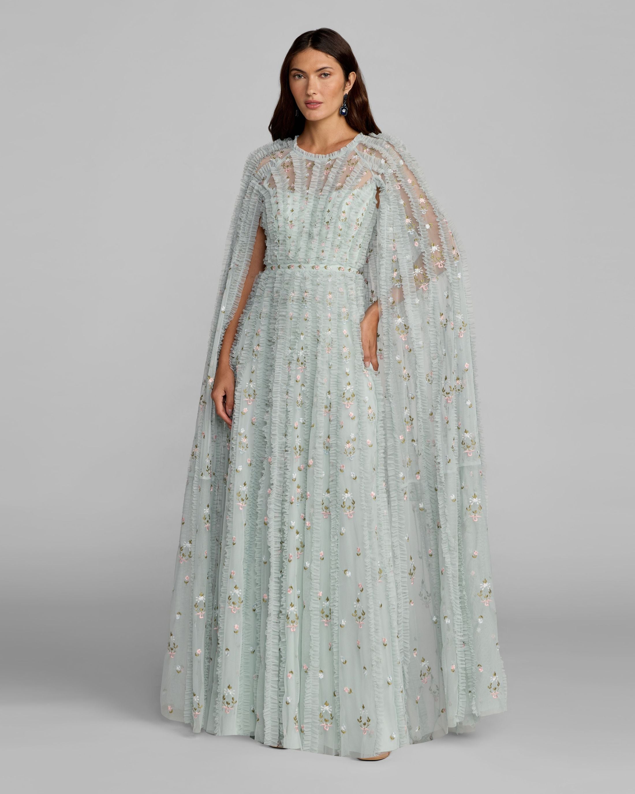 Blue Embroidered High Neck Cape Sleeve Gown - Mac Duggal