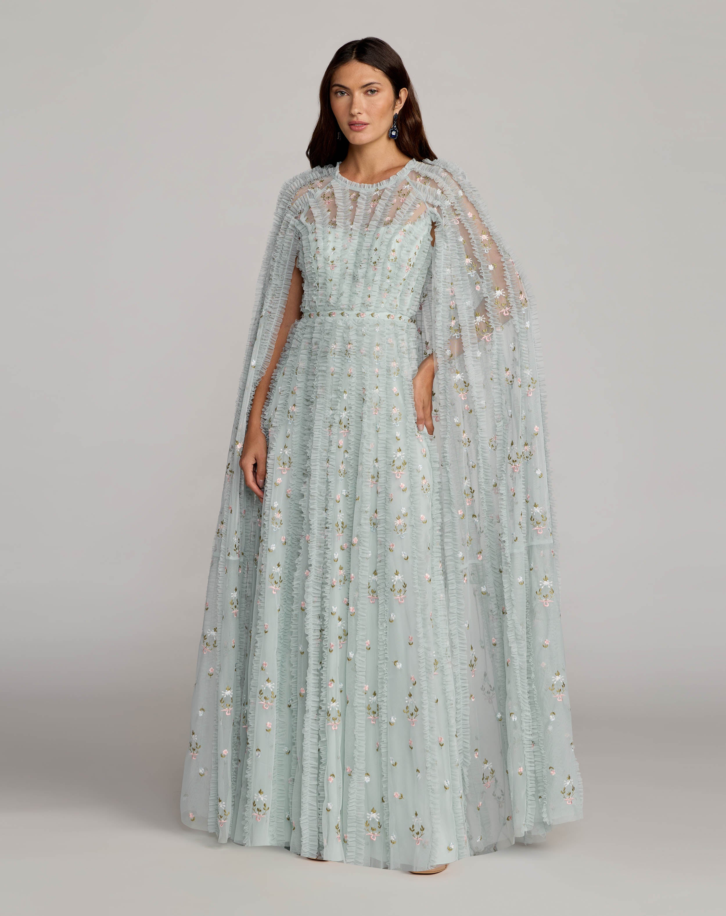 Blue Embroidered High Neck Cape Sleeve Gown - Mac Duggal